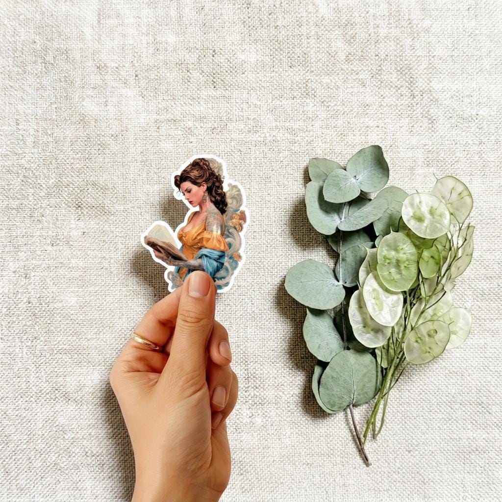 Hand holding a die-cut vinyl sticker of a woman reading a book, with eucalyptus sprigs arranged on a natural linen background. __etsy:8120643524