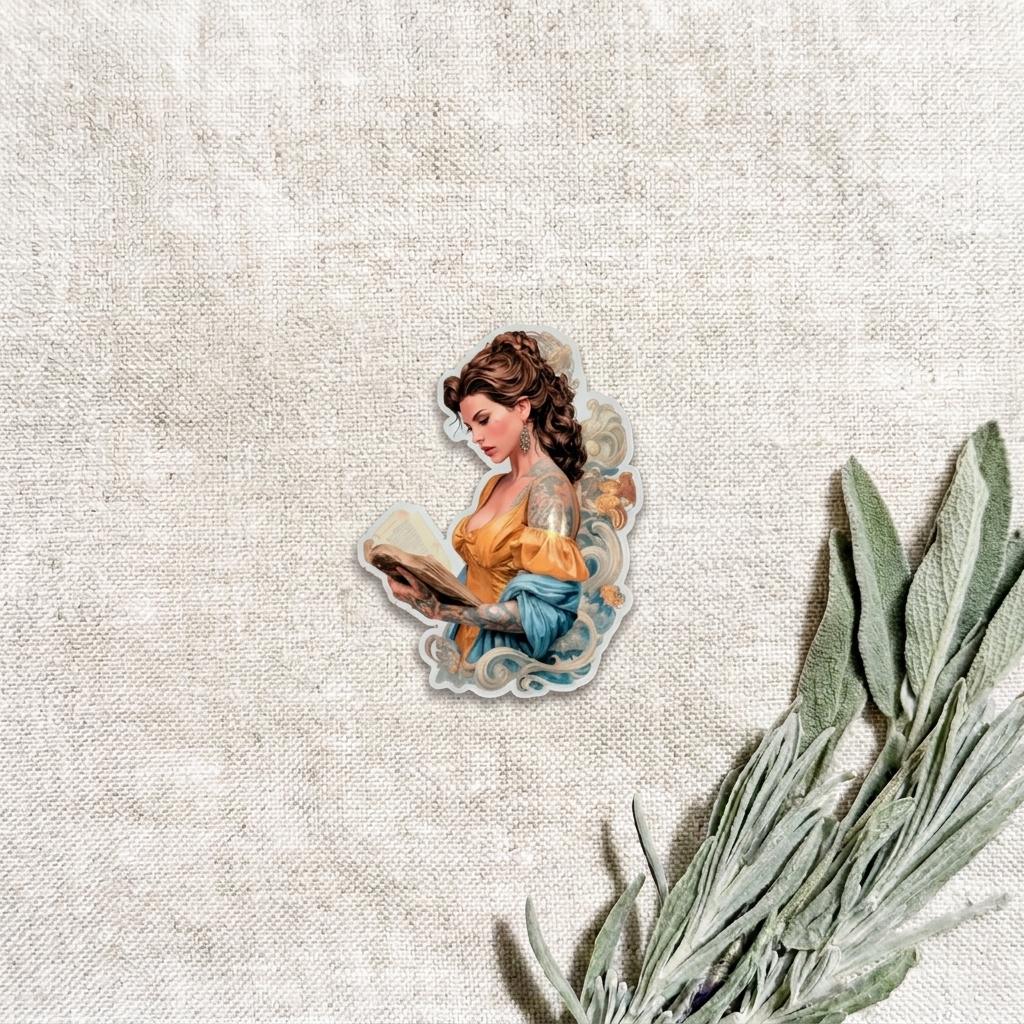 Close-up of a die-cut vinyl sticker showing a tattooed woman with curly brown hair reading a book in an orange and blue dress, placed on linen beside fresh sage leaves. __etsy:8168557059
