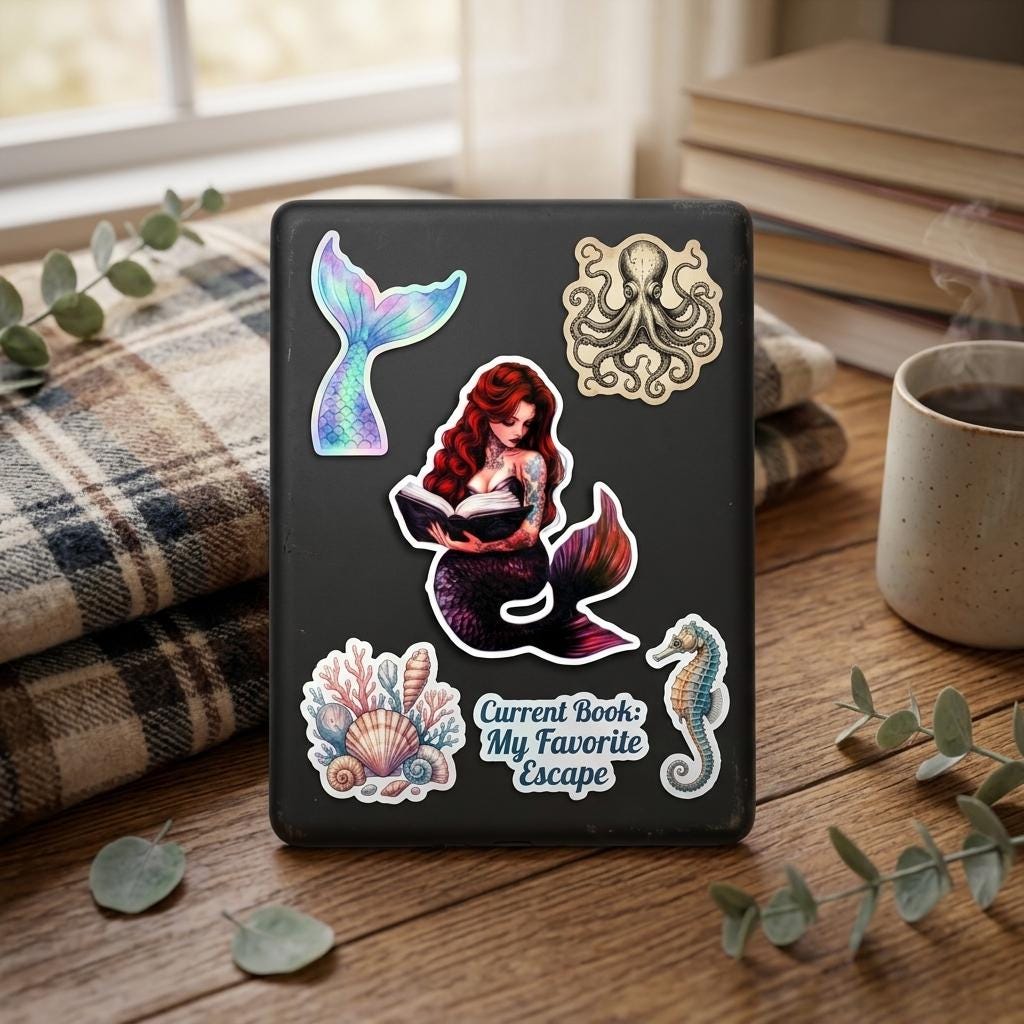 Tattooed Mermaid Book Sticker: Dark Fantasy Kindle Decor __etsy:8156533079