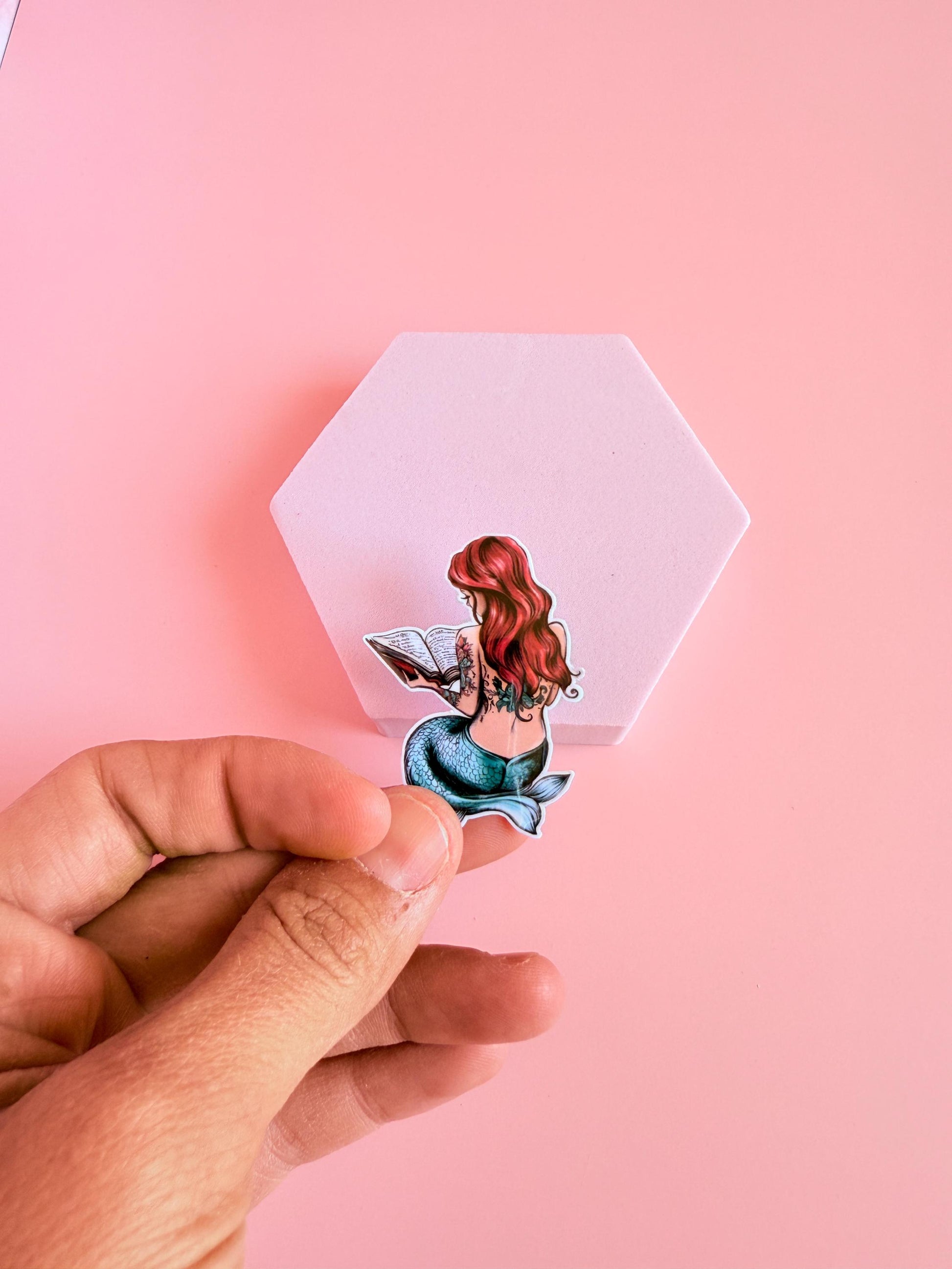 Tattooed Mermaid Reading Sticker: Bookish Vinyl Decal __etsy:6881595456