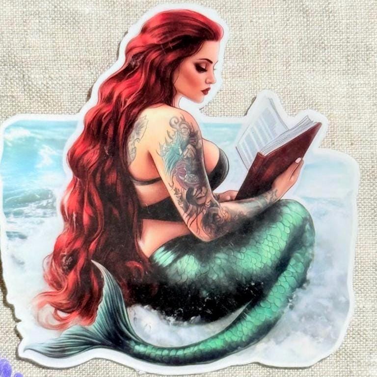 Tattooed Mermaid Reading Sticker: Dark Romance Bookish Decal __etsy:8108637008