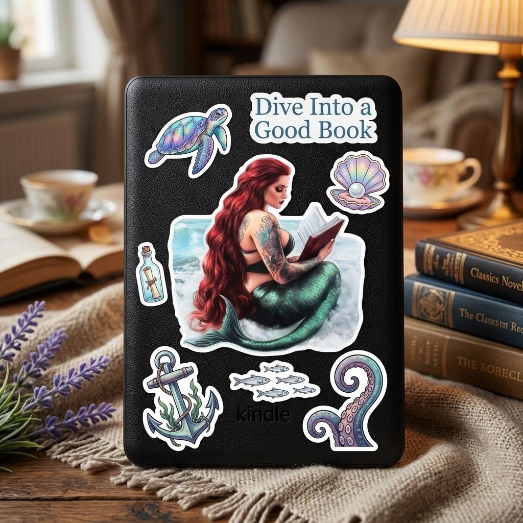 Tattooed Mermaid Reading Sticker: Dark Romance Bookish Decal __etsy:8108648028