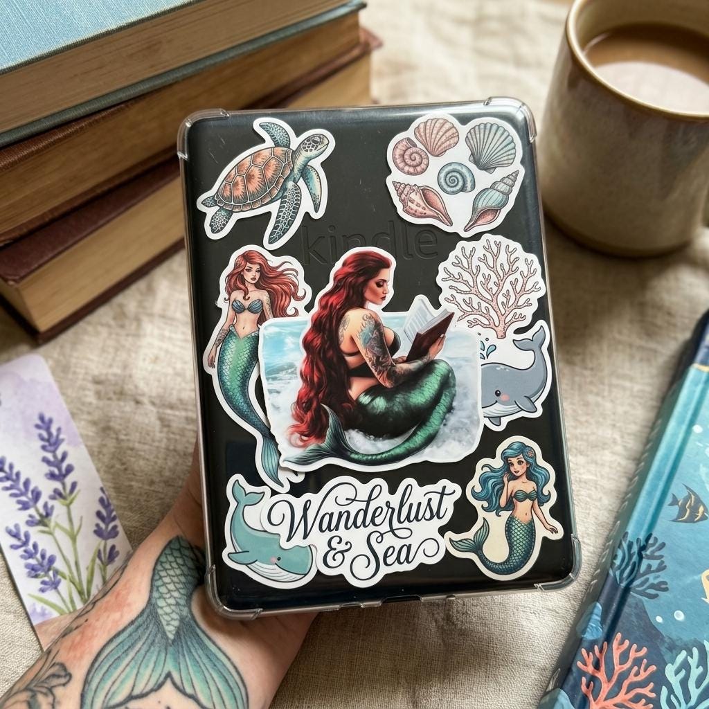 Tattooed Mermaid Reading Sticker: Dark Romance Bookish Decal __etsy:8156554099