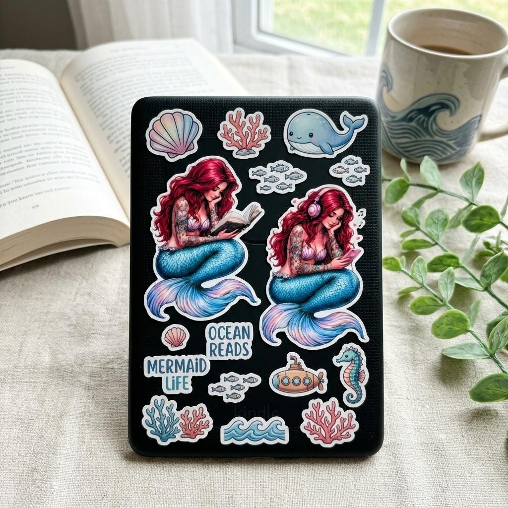 Tattooed Mermaid Reading Sticker, Romantasy Bookish Vinyl Decal __etsy:8108661494