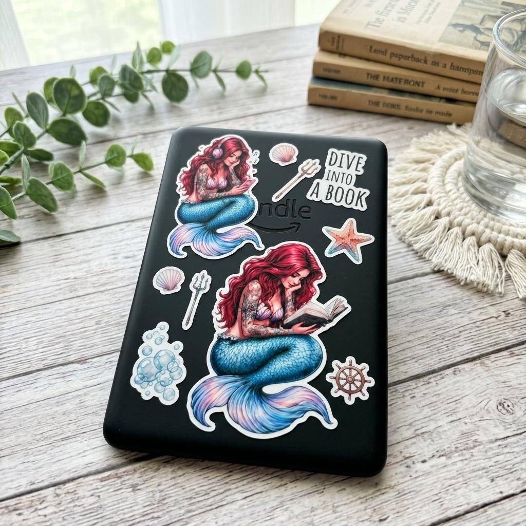 Tattooed Mermaid Reading Sticker, Romantasy Bookish Vinyl Decal __etsy:8108666232