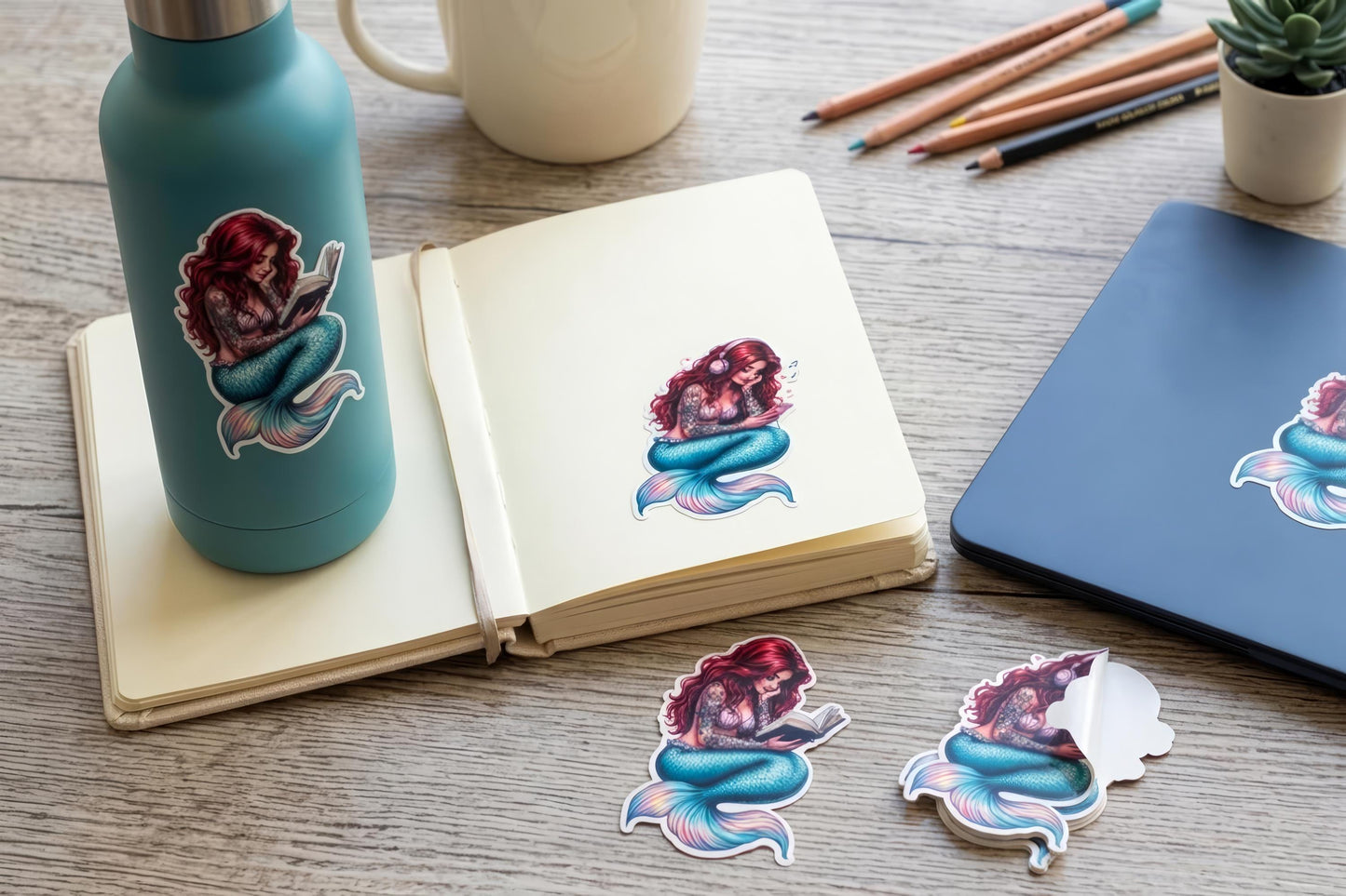 Tattooed Mermaid Reading Sticker, Romantasy Bookish Vinyl Decal __etsy:8031237430