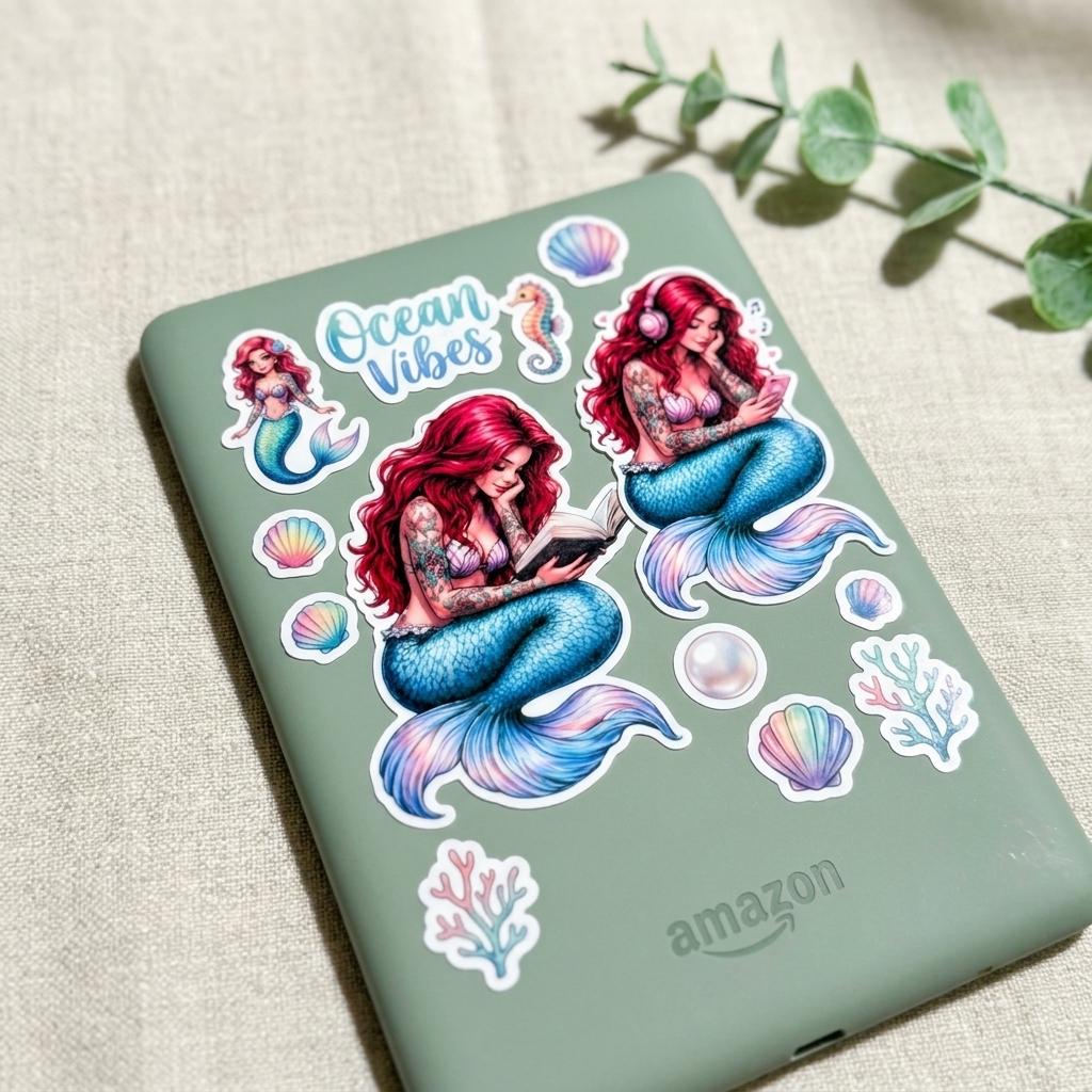 Tattooed Mermaid Reading Sticker, Romantasy Bookish Vinyl Decal __etsy:8108661486