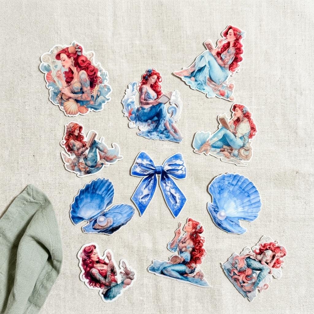 Watercolor tattooed mermaid sticker pack arranged on linen, showing several red-haired mermaids in blue, a large blue ribbon bow decal, and an open seashell sticker holding a pearl. __etsy:8165922893