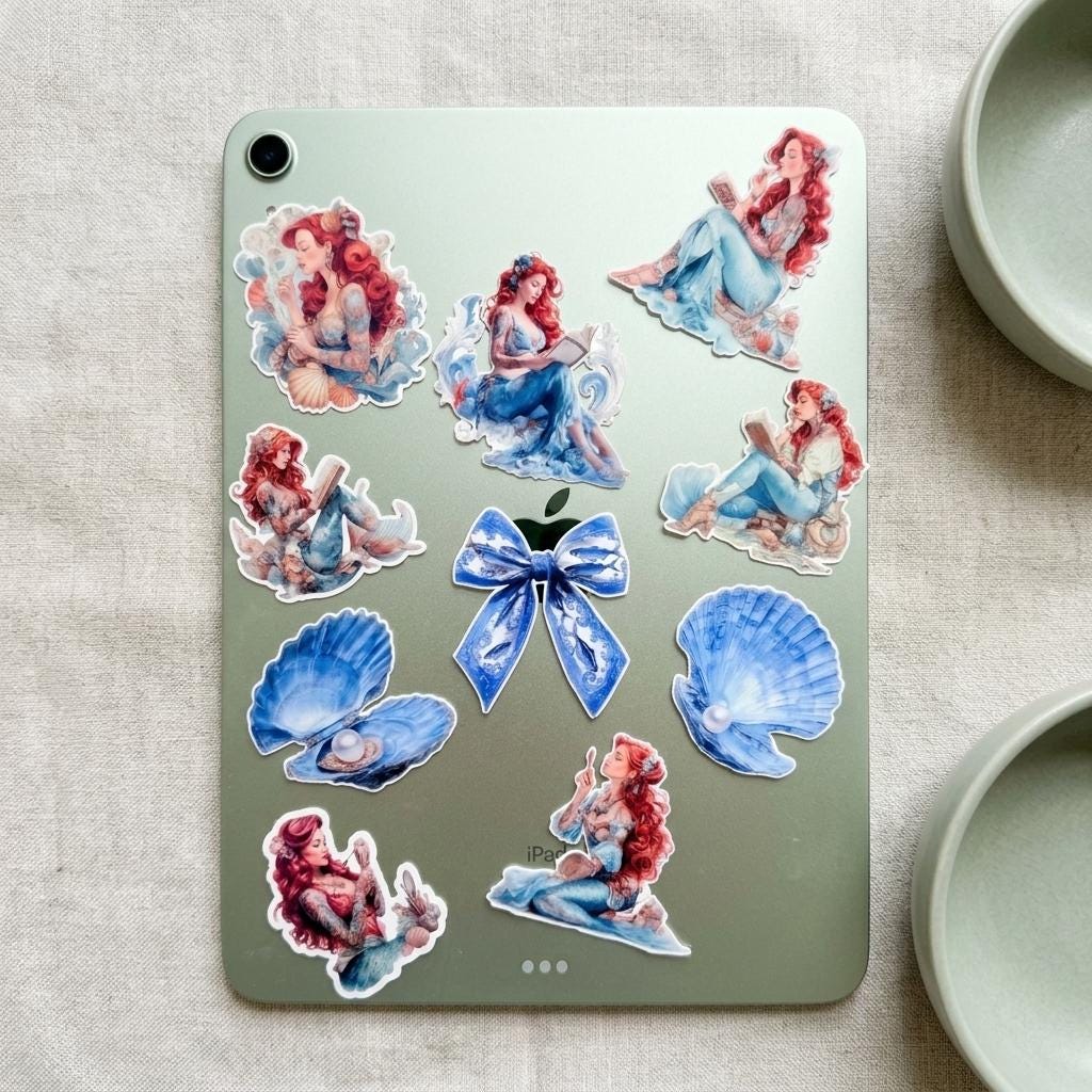 Tattooed mermaid vinyl decals applied to the back of a sage green tablet, showing red-haired mermaid stickers, a blue bow, and blue seashell stickers as a real-world example of the waterproof decals on a device. __etsy:8165923739