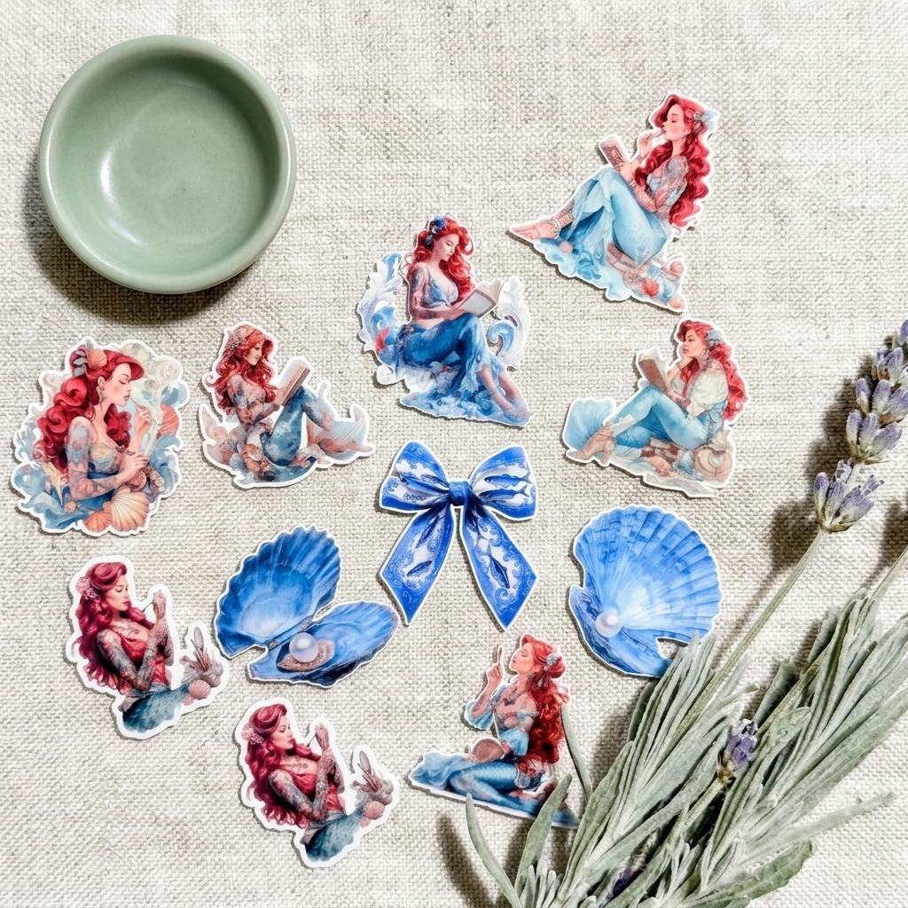 Tattooed mermaid sticker pack styled on linen with a sage green dish and sprigs of dried lavender, displaying red-haired mermaid decals, a blue ribbon bow, and blue seashell stickers. __etsy:8118012816