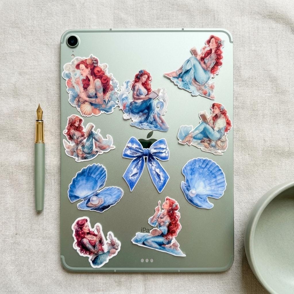 Tattooed mermaid vinyl decals decorating the back of a sage green tablet, styled with a matching green fountain pen and dish, showing the red-haired mermaid stickers, blue bow, and seashell decals in use. __etsy:8118013672