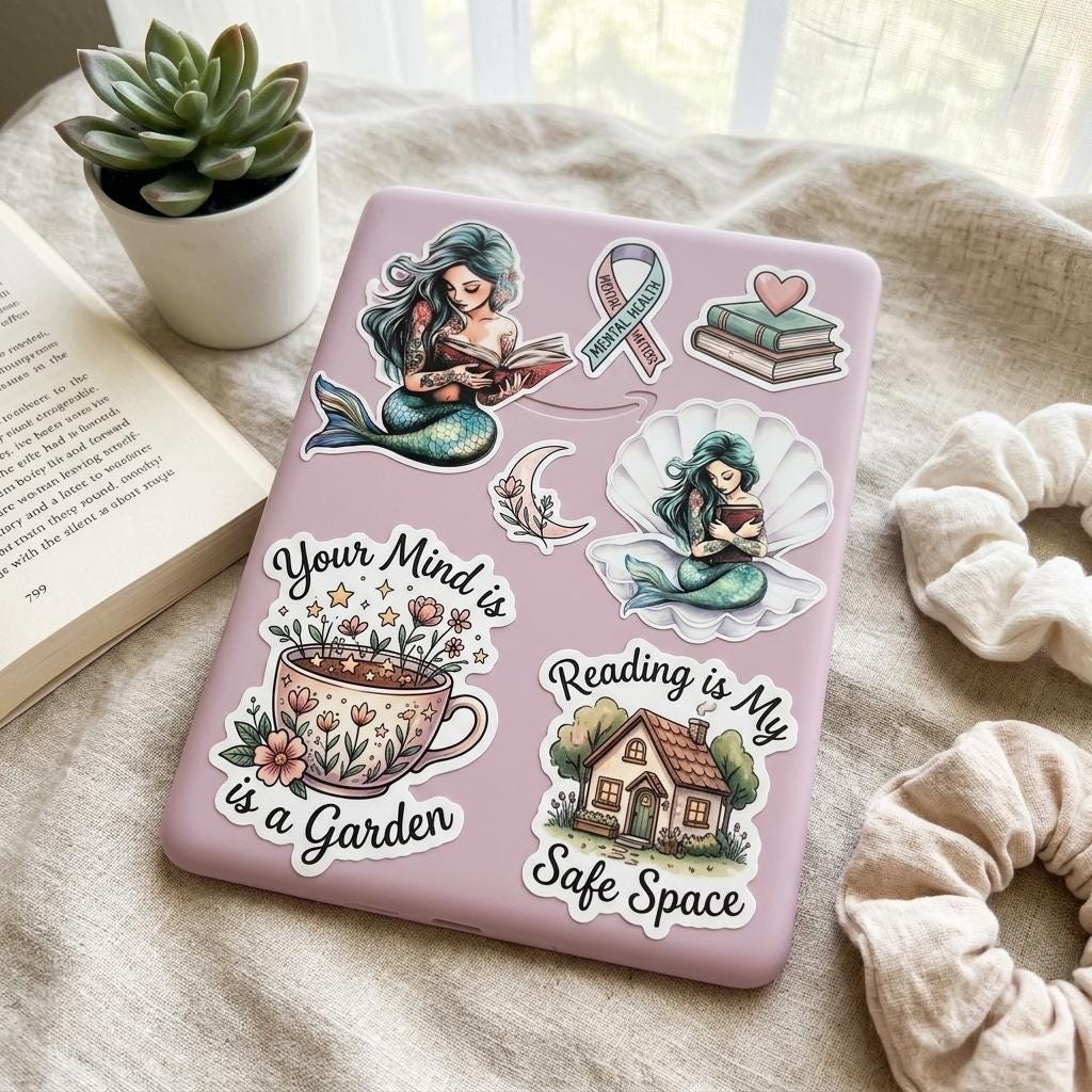 A lavender Kindle e-reader case decorated with the bookish sticker set, beside a potted succulent and an open book. Stickers include two teal mermaids reading, a Mental Health Matters ribbon, stacked books with a heart, a floral teacup reading "Your Mind is a Garden," and a cottage reading "Reading is My Safe Space." __etsy:8181740587