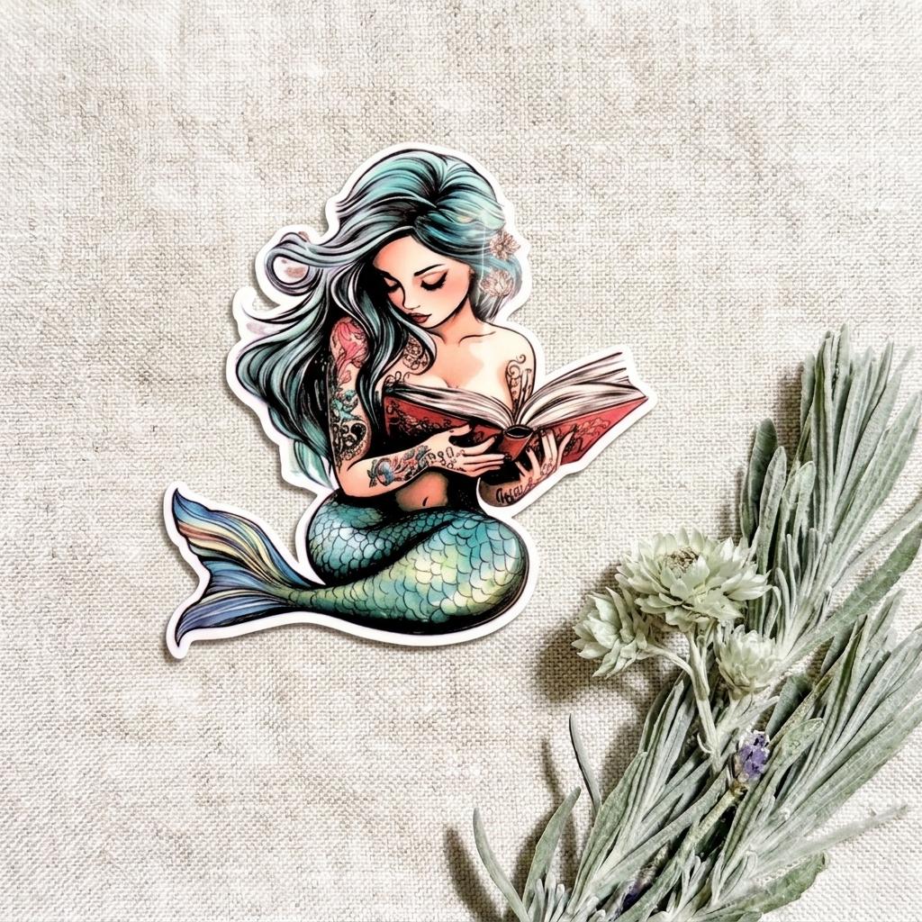 Close-up of a single teal mermaid vinyl sticker on a linen background with dried lavender flowers. The mermaid has long silver-green hair and a shimmering blue-green tail, absorbed in reading an open book. __etsy:8181740601