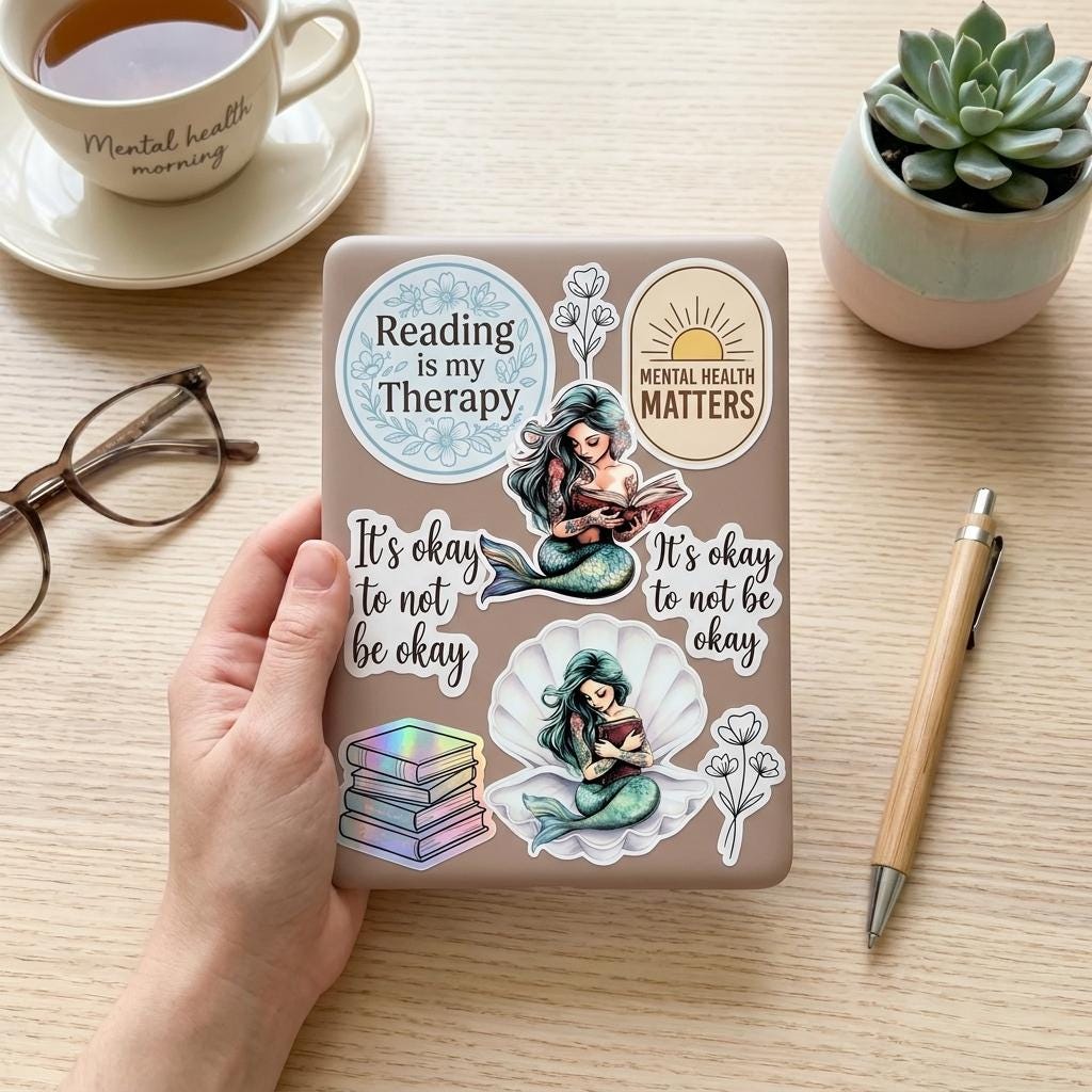 A hand holds a tan e-reader decorated with bookish mental health stickers, next to a coffee cup, glasses, a pen, and a succulent. Stickers include two teal mermaids reading, holographic stacked books, and phrases "Reading is my Therapy," "Mental Health Matters," and "It's okay to not be okay." __etsy:8181740567