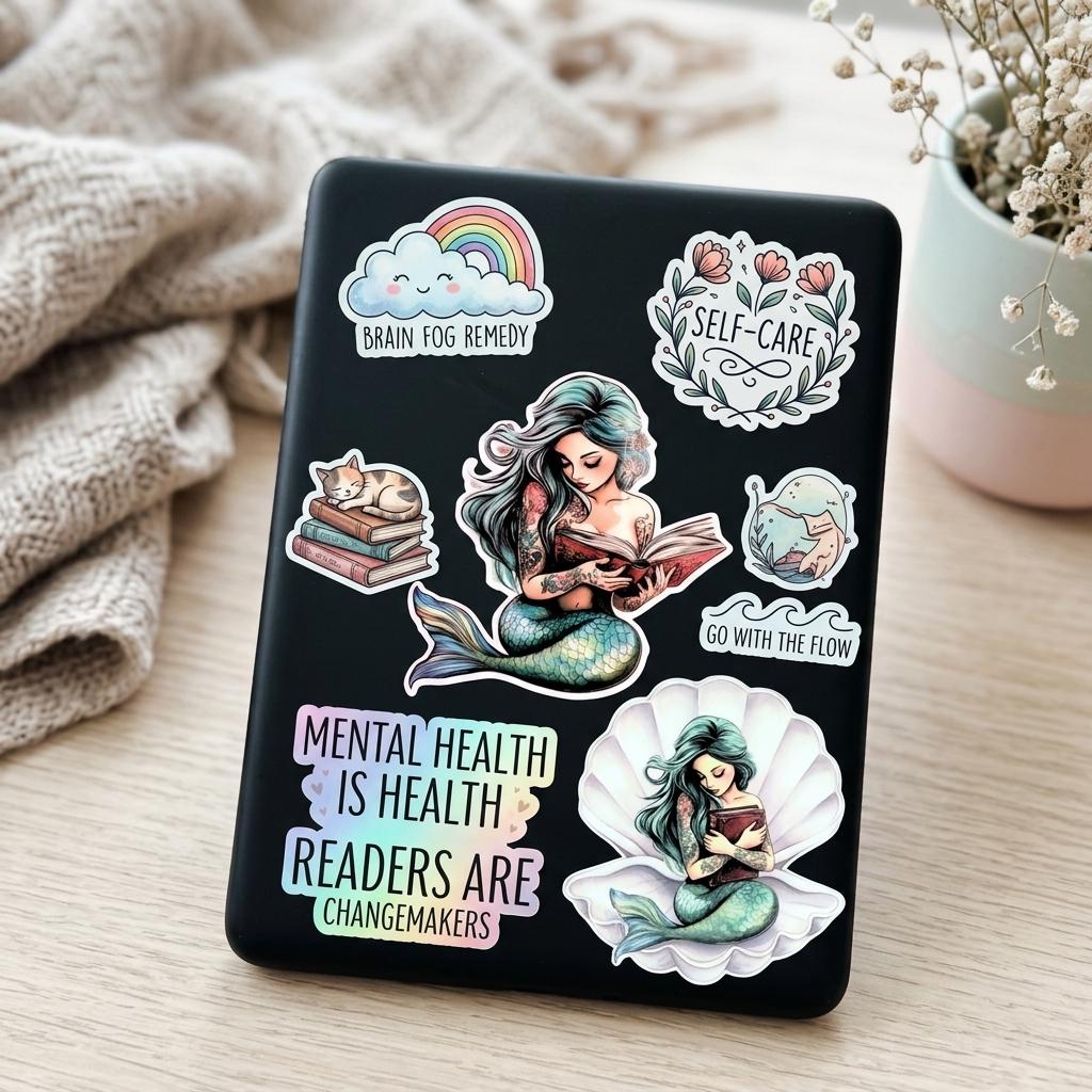 A black e-reader covered in bookish mental health stickers, resting on a knit blanket beside baby's breath flowers. Stickers include two teal mermaids reading, a cat napping on books, a rainbow cloud, and phrases "Brain Fog Remedy," "Self-Care," "Go with the Flow," "Mental Health is Health," and "Readers are Changemakers." __etsy:8181740569