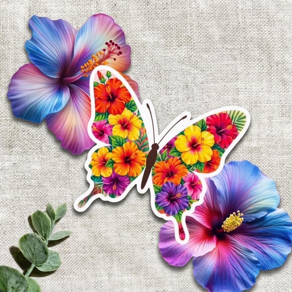 Tropical Hibiscus Butterfly Sticker Bundle — 3 Stickers __etsy:8157673527
