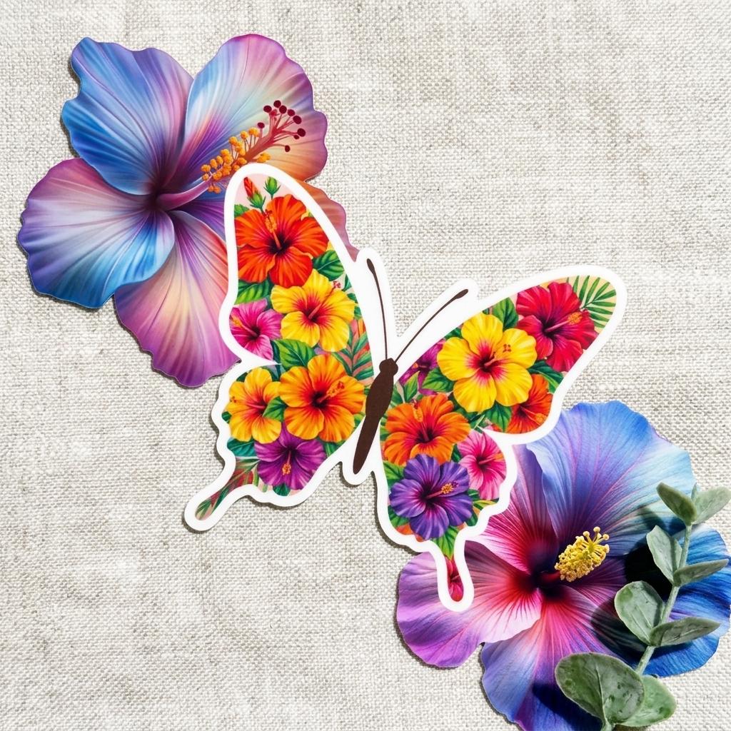 Tropical Hibiscus Butterfly Sticker Bundle — 3 Stickers __etsy:8157673529