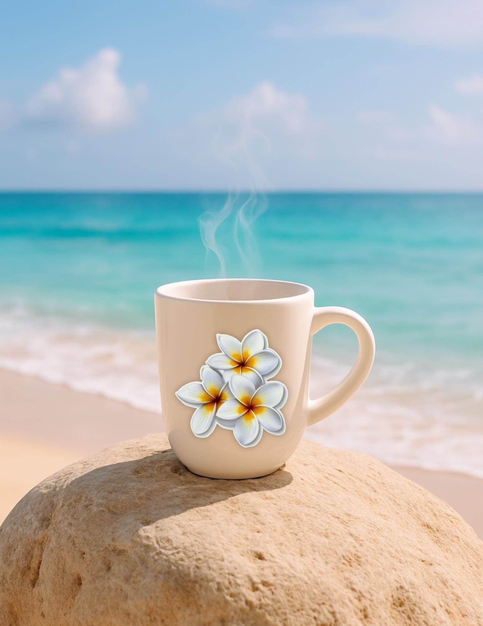 A watercolor vinyl sticker featuring a tropical plumeria flower with vibrant colors. Perfect for journals, laptops, and planners with a summer beach aesthetic. __etsy:6868101457