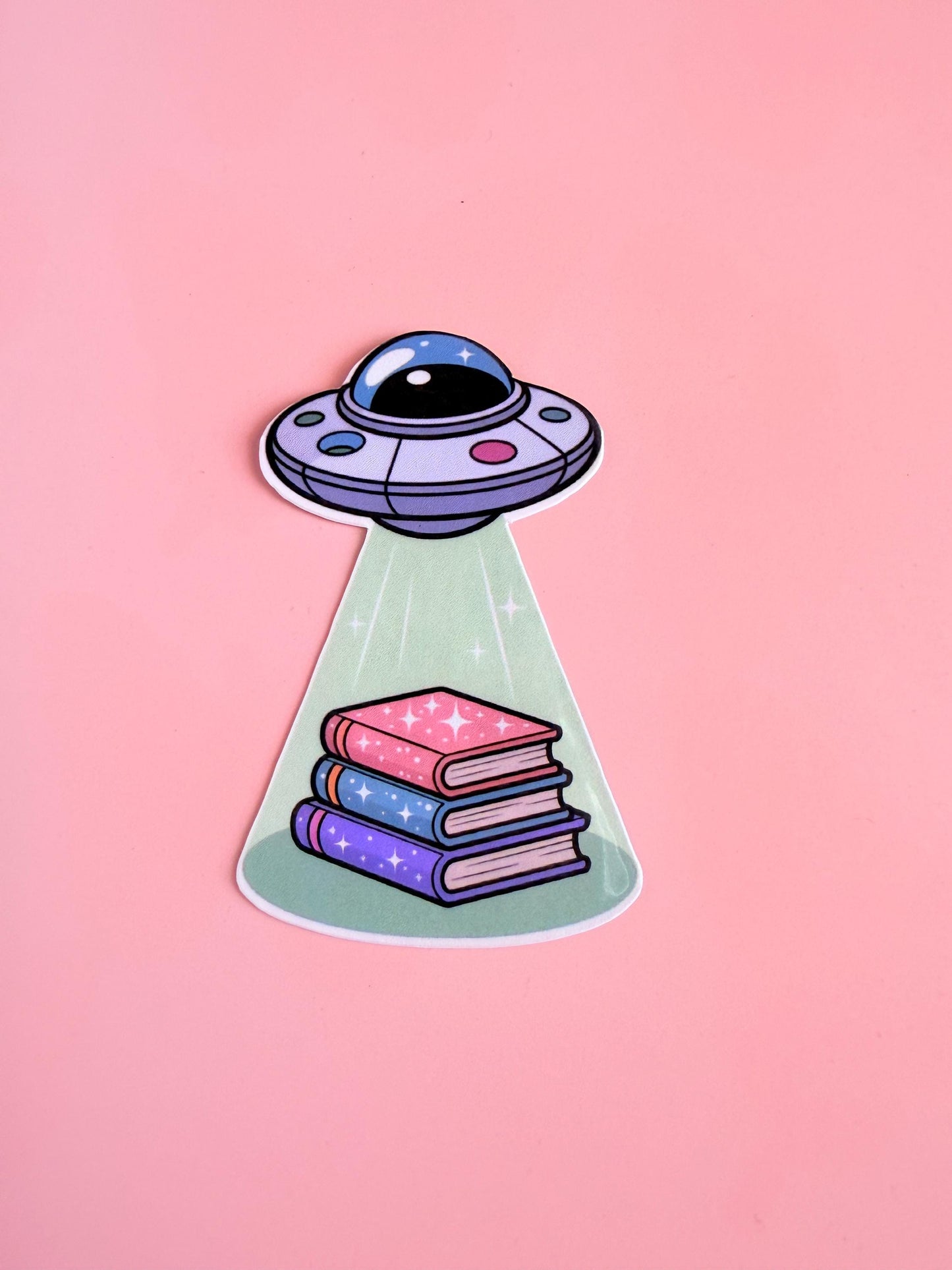 UFO Book Abduction Sticker: Pastel Alien Spaceship Vinyl Decal __etsy:6932631508