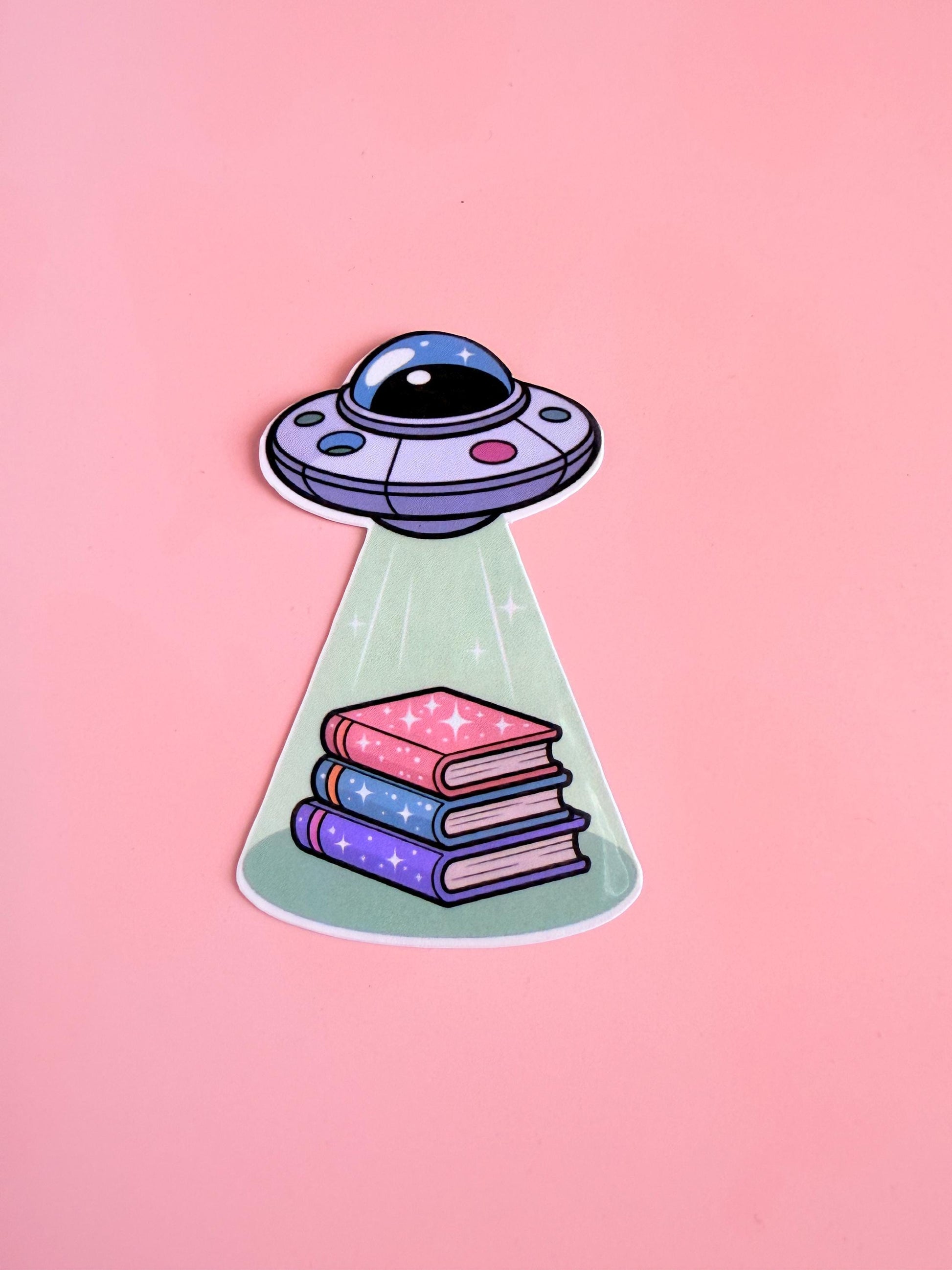UFO Book Abduction Sticker: Pastel Alien Spaceship Vinyl Decal __etsy:6932631508