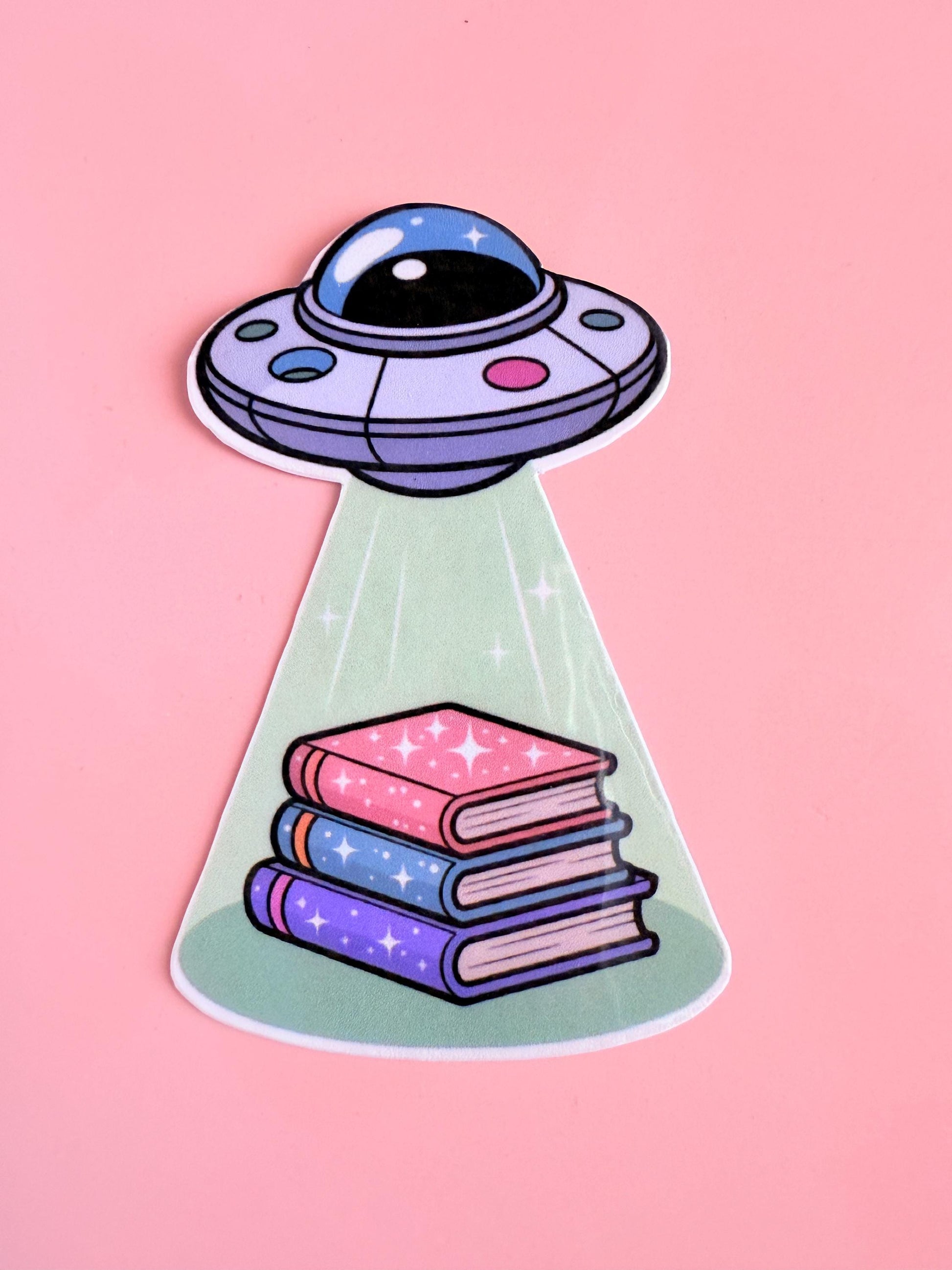UFO Book Abduction Sticker: Pastel Alien Spaceship Vinyl Decal __etsy:6980597679