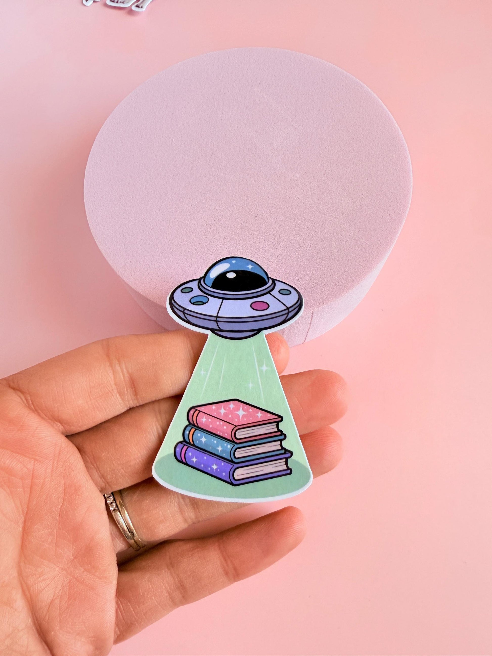 UFO Book Abduction Sticker: Pastel Alien Spaceship Vinyl Decal __etsy:6980597675