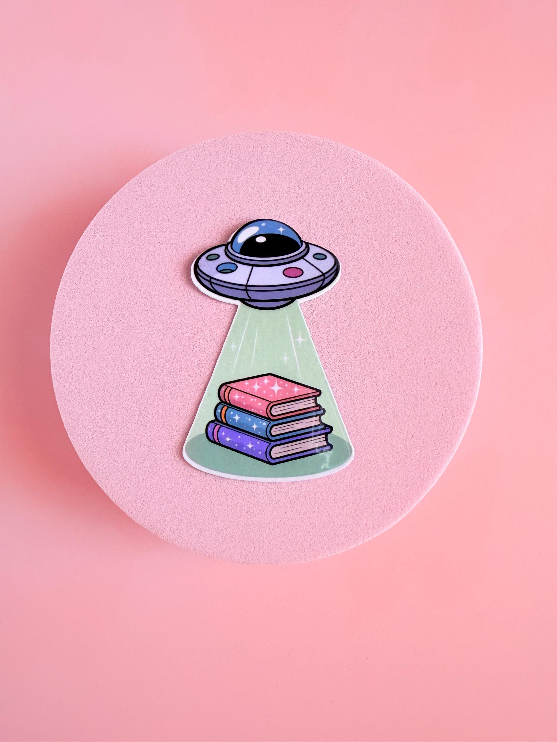 UFO Book Abduction Sticker: Pastel Alien Spaceship Vinyl Decal __etsy:6932631544
