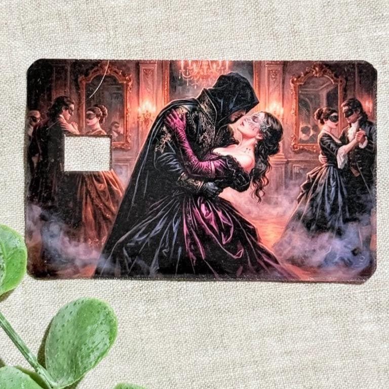 Vampire masquerade debit card skin in a gothic ballroom by The Sticker Era __etsy:8111934100