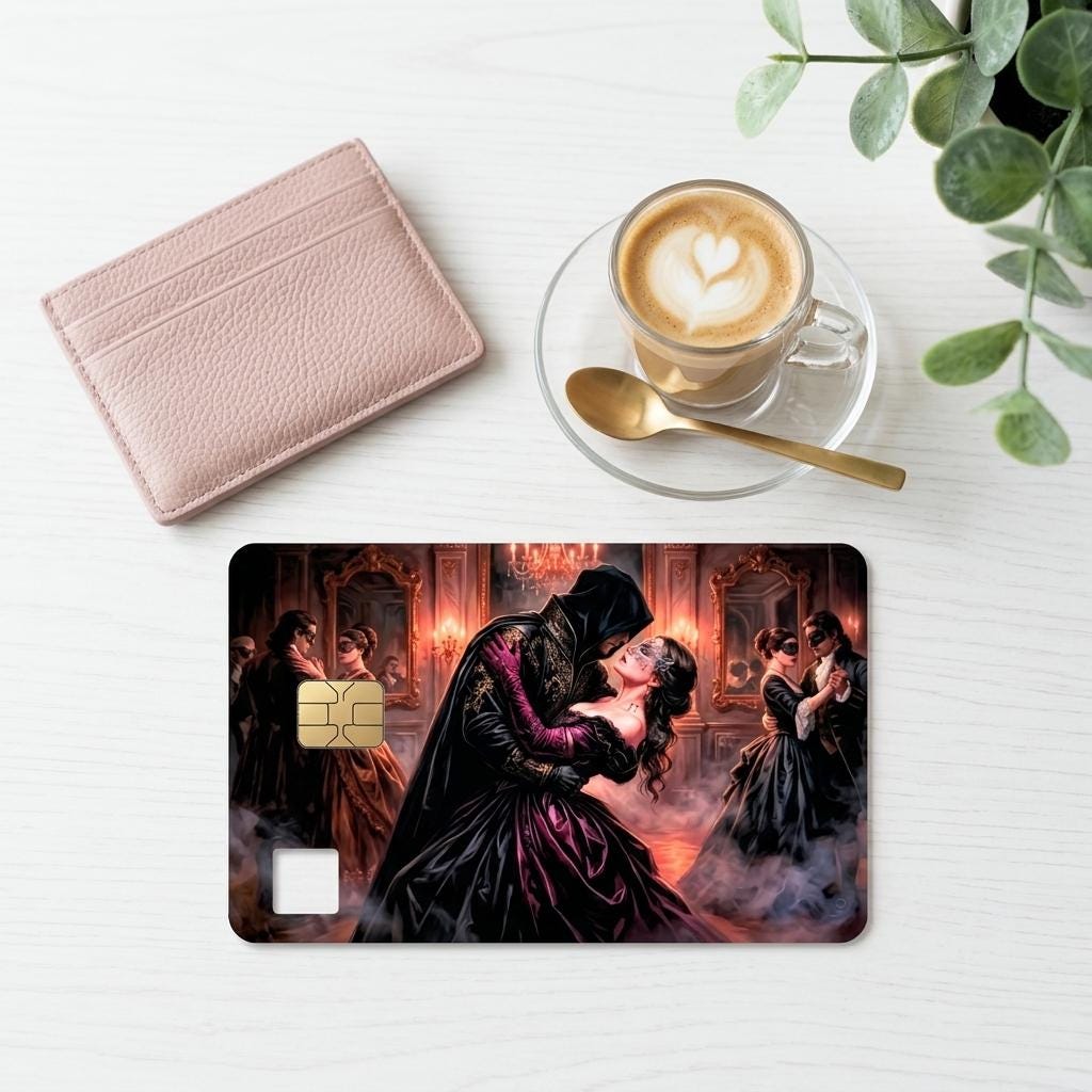 Dark romance masquerade card skin with a masked couple by The Sticker Era __etsy:8108872390