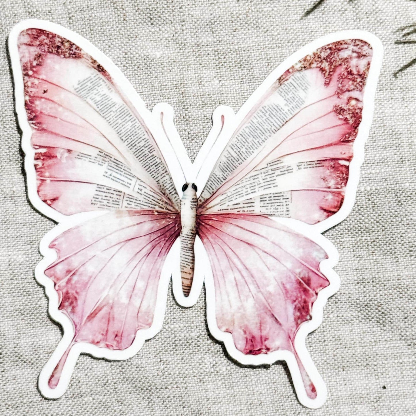 Vintage Pink Butterfly Sticker – Bookish Text, Waterproof Vinyl __etsy:8156588045