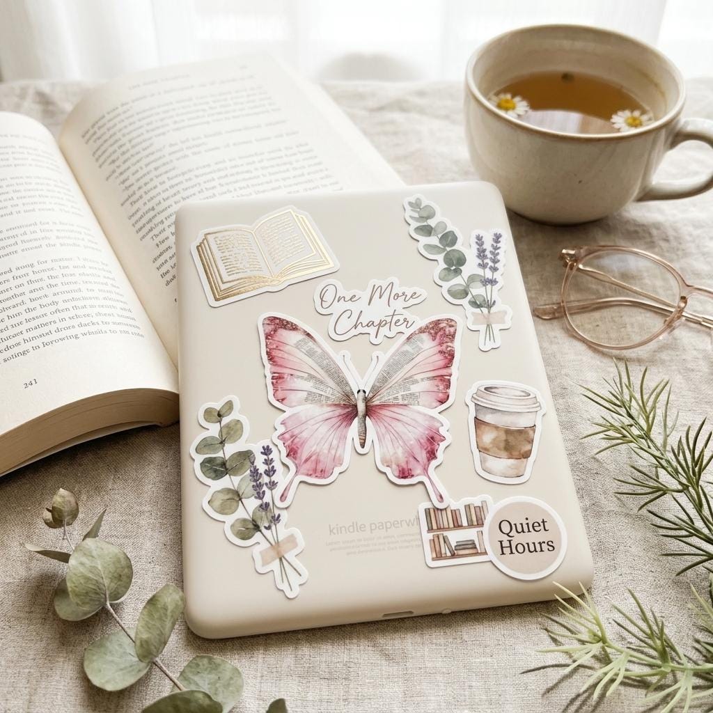 Vintage Pink Butterfly Sticker – Bookish Text, Waterproof Vinyl __etsy:8108689944