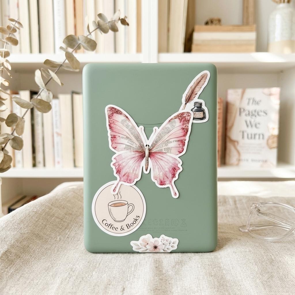 Vintage Pink Butterfly Sticker – Bookish Text, Waterproof Vinyl __etsy:8108689938