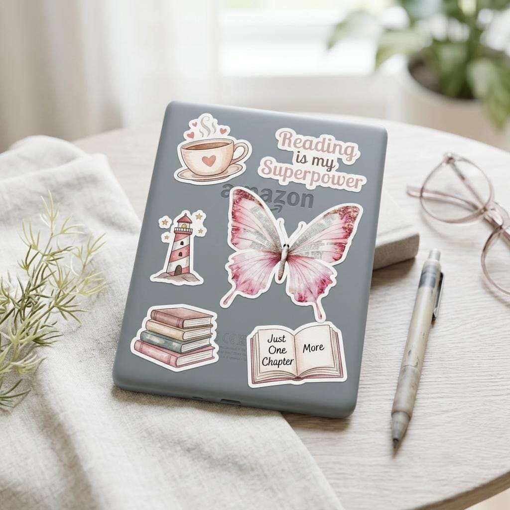 Vintage Pink Butterfly Sticker – Bookish Text, Waterproof Vinyl __etsy:8156595043