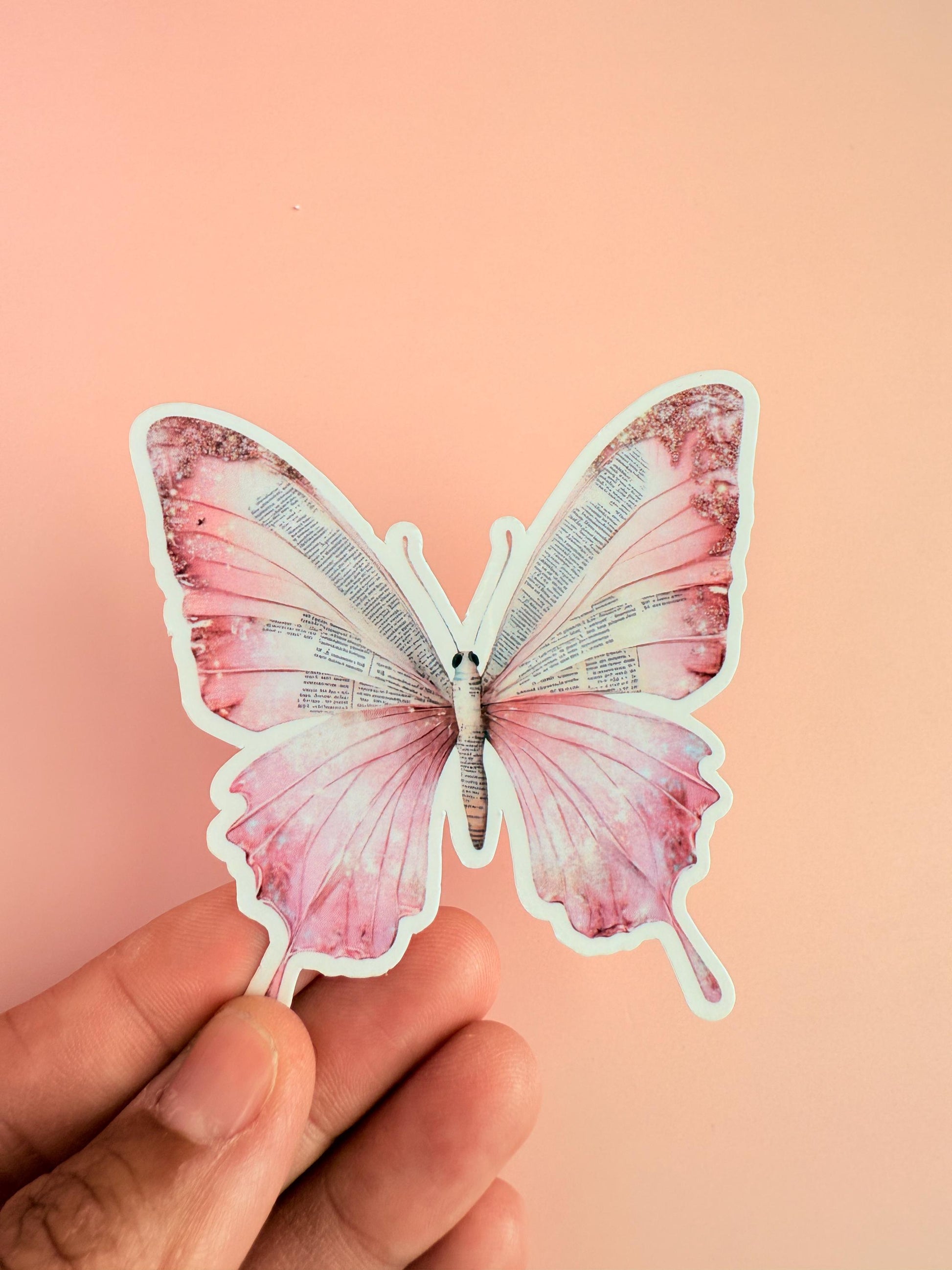 Vintage Pink Butterfly Sticker – Bookish Text, Waterproof Vinyl __etsy:6912181600