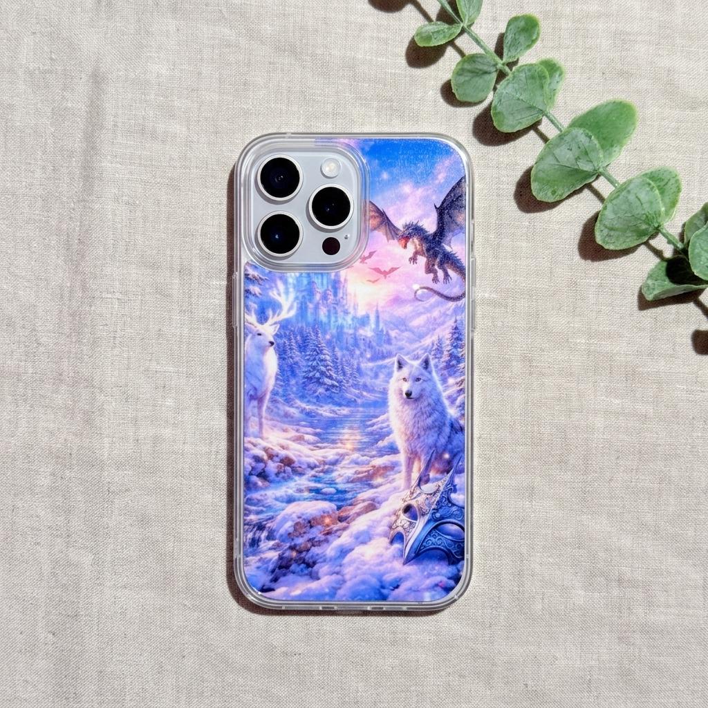 Winter Dragon Phone Case Insert, Fantasy Wolf & Ice Castle Art for iPhone __etsy:8164135987