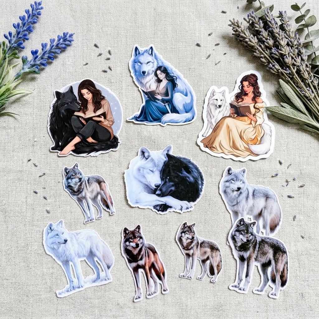 Realistic and bookish wolf sticker pack with girls reading beside wolves, styled on linen with lavender, by The Sticker Era __etsy:8189206607