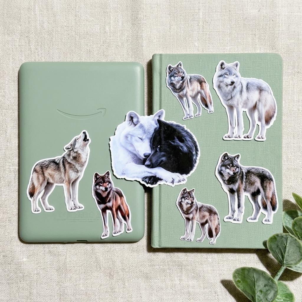 Realistic wolf stickers decorating a Kindle and a linen journal, by The Sticker Era __etsy:8157194101