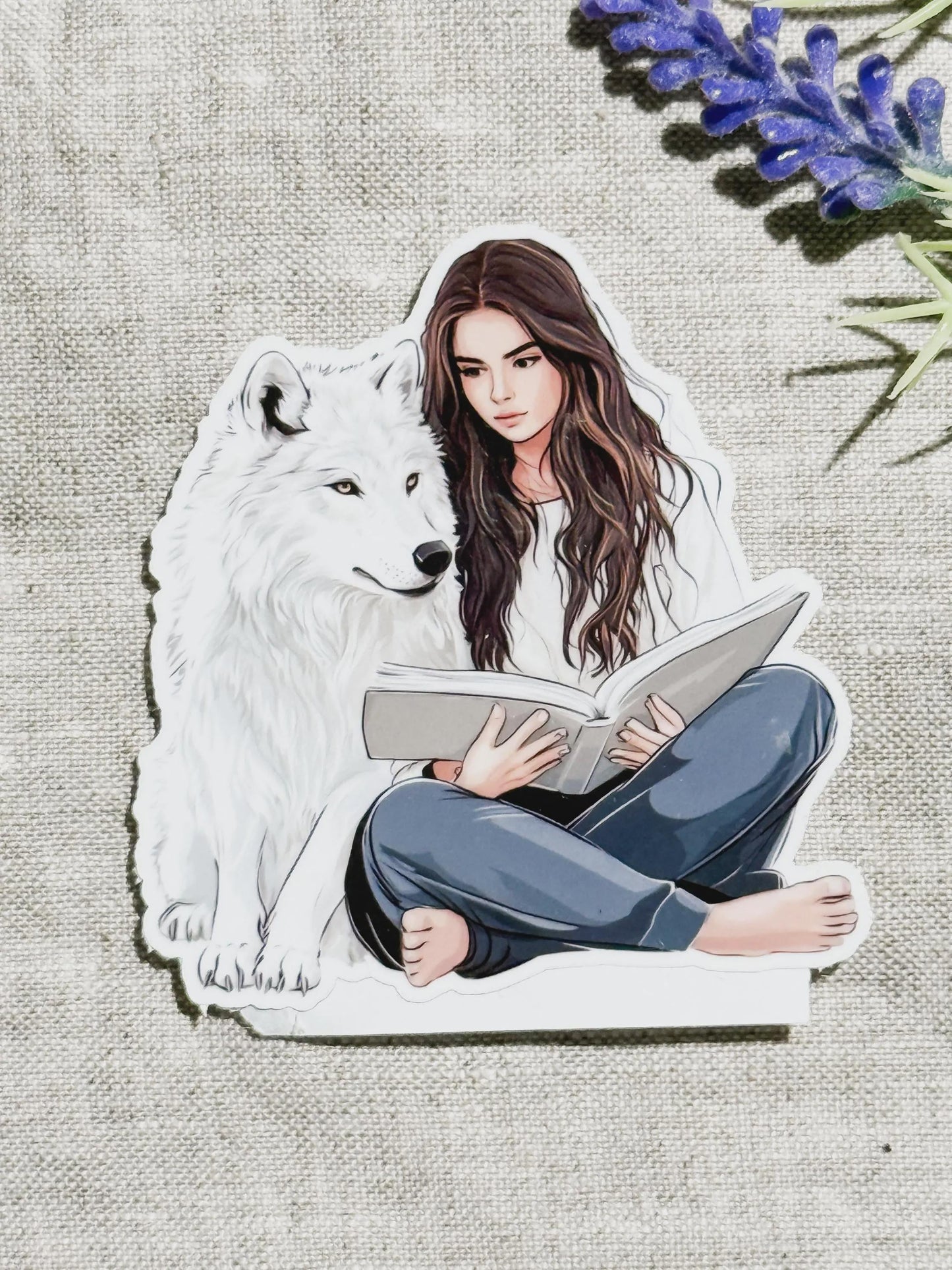 Bookish sticker of a brunette girl reading beside a black wolf, by The Sticker Era __etsy:8189196251