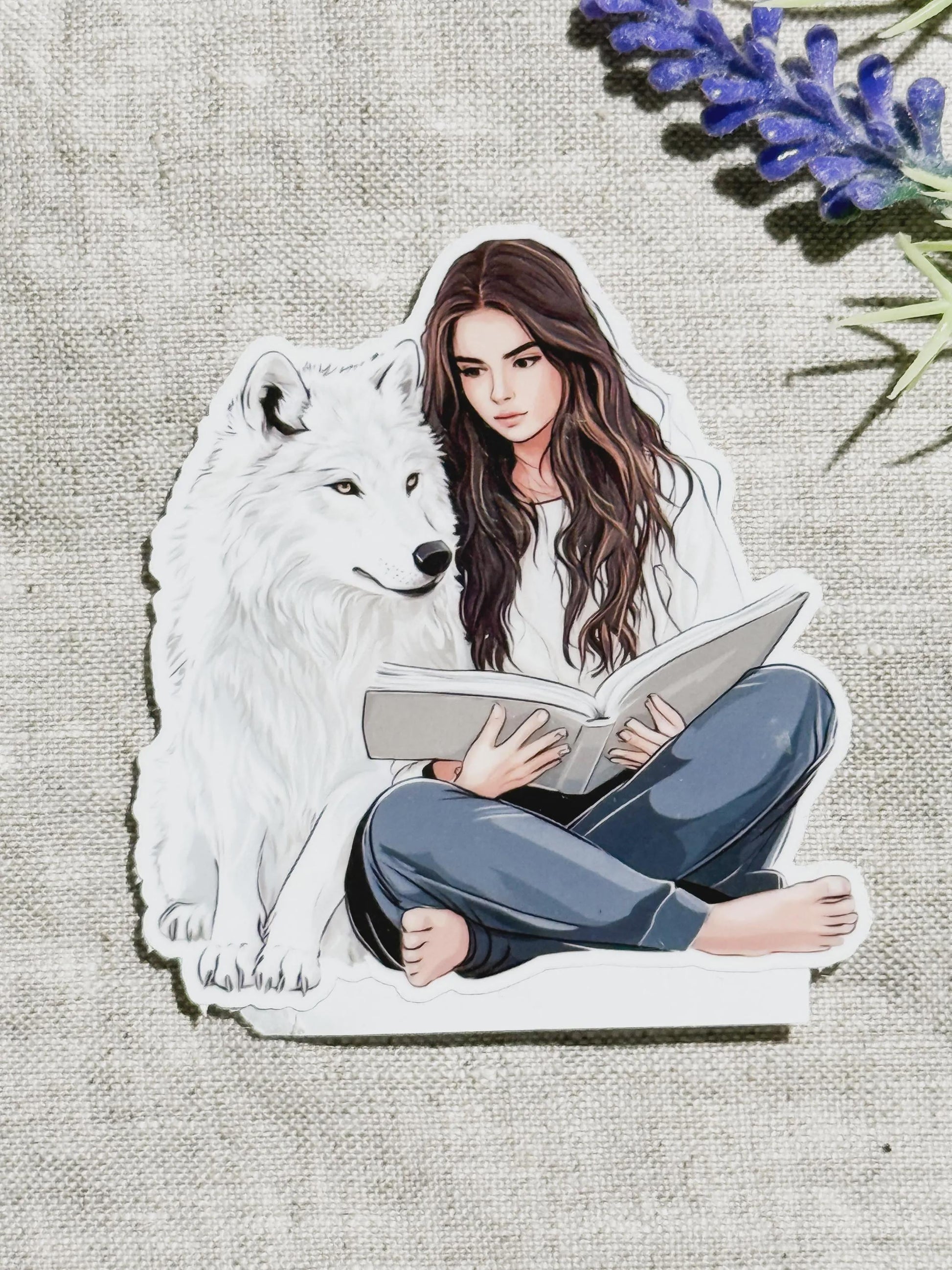 Bookish sticker of a brunette girl reading beside a black wolf, by The Sticker Era __etsy:8189196251