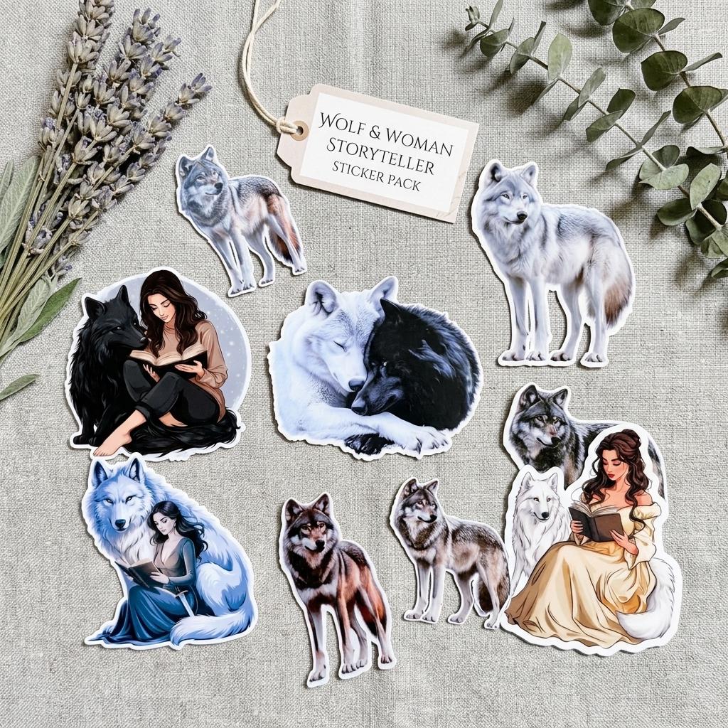 Realistic wolf vinyl stickers arranged on linen, by The Sticker Era __etsy:8141298150