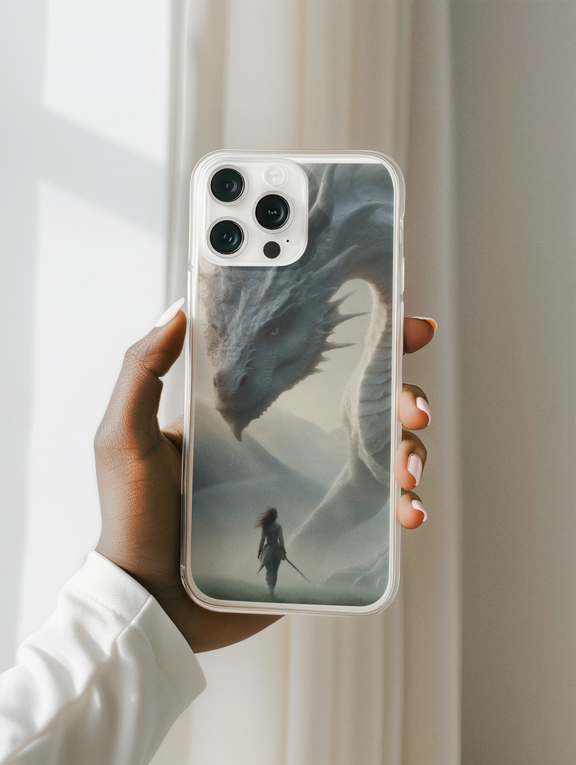 Blue dragon phone insert displayed in clear iPhone case - moonlit fantasy aesthetic
