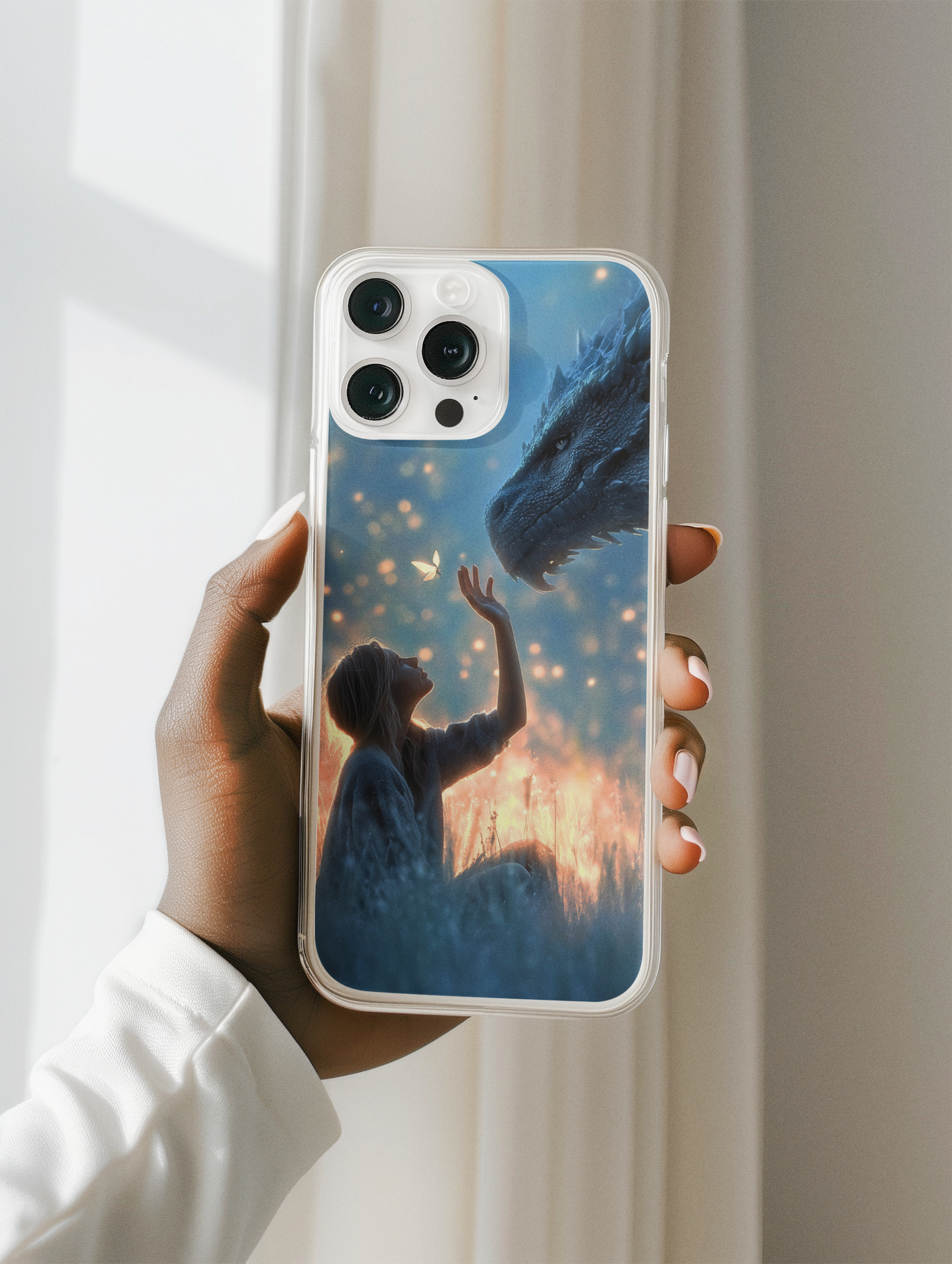Girl with golden dragon guardian phone insert detail - soft strength fire magic design

