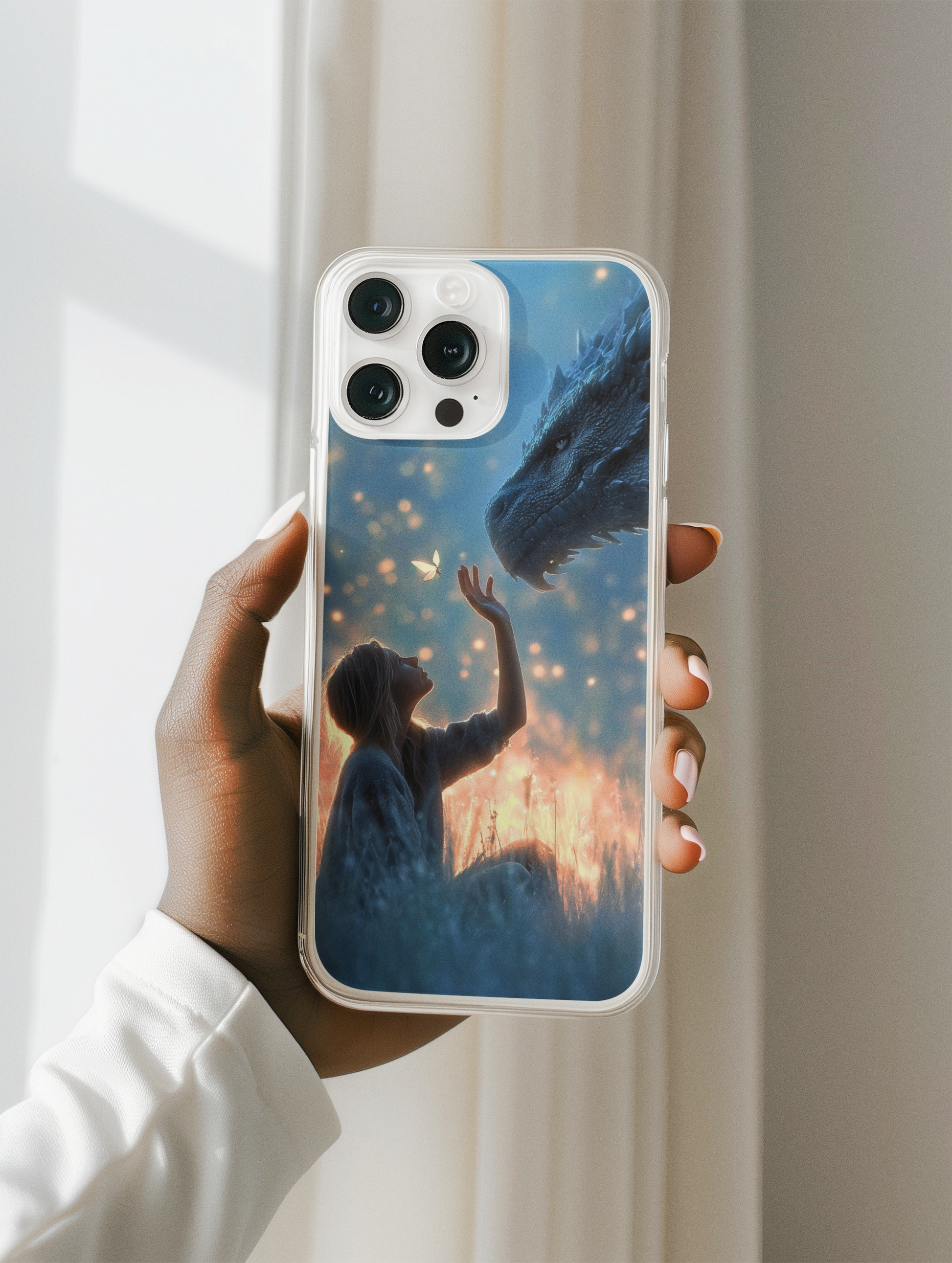 Girl with golden dragon guardian phone insert detail - soft strength fire magic design

