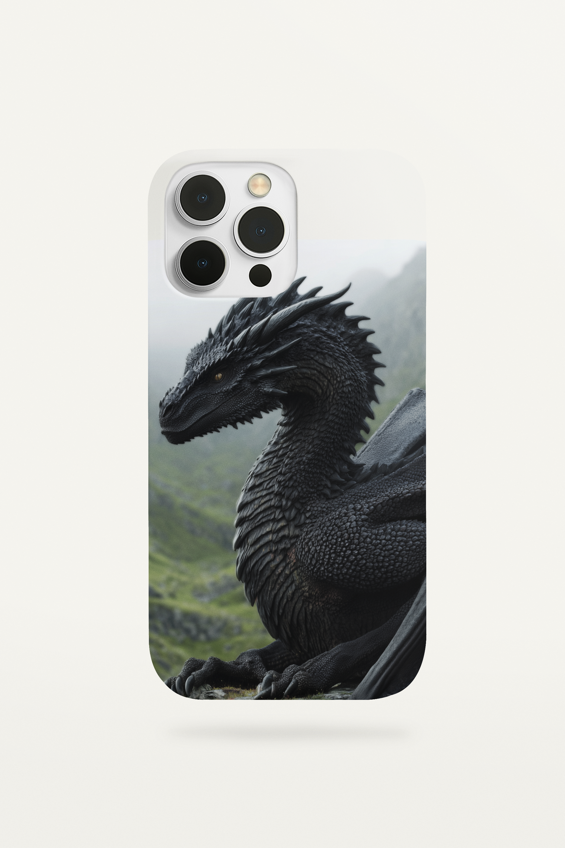 Detailed black dragon phone insert for clear cases featuring an elder dragon with realistic scale textures against a misty mountain background.