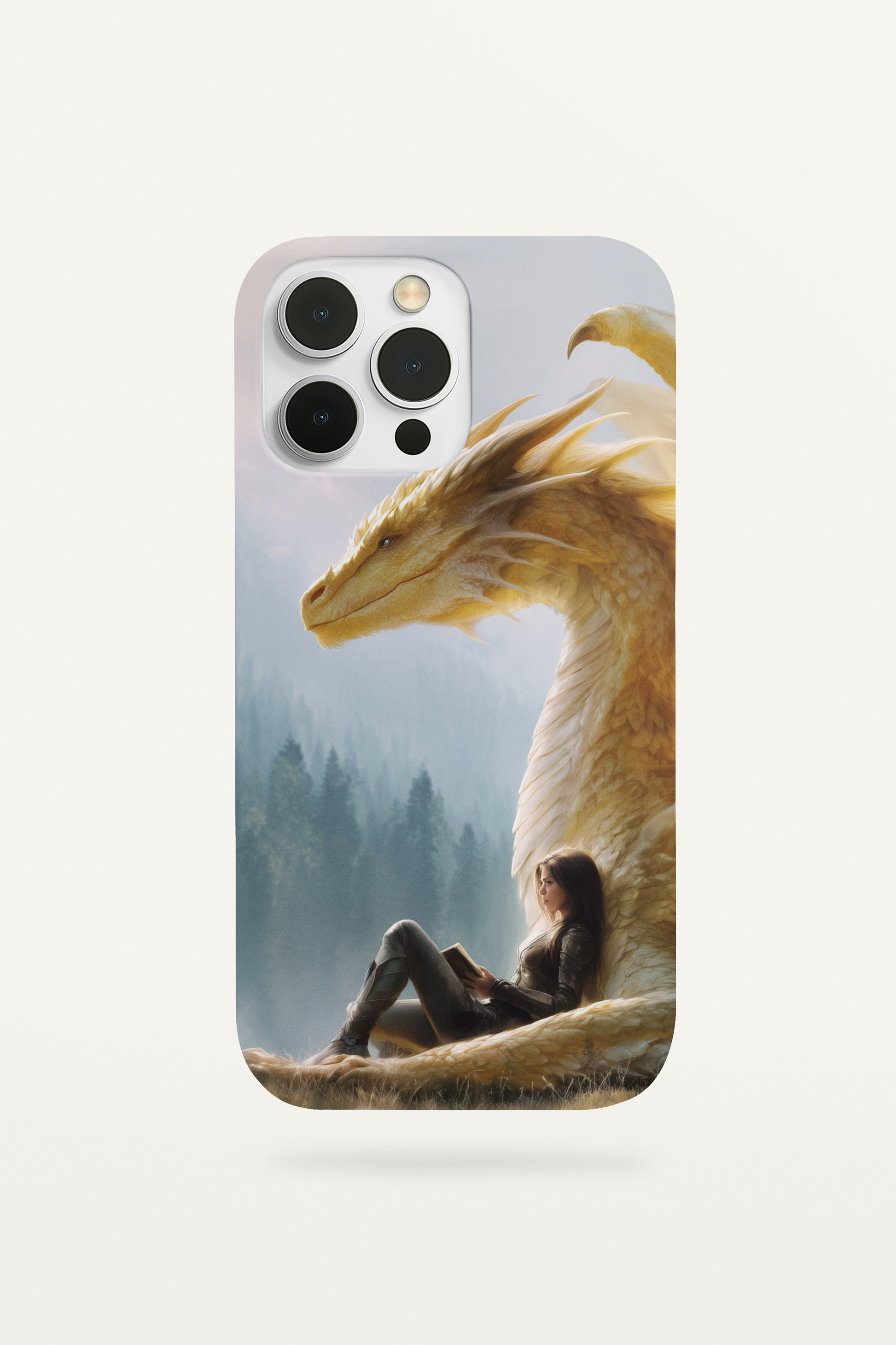 Golden dragon and reader phone case insert - peaceful fantasy book lover art for clear iPhone cases
