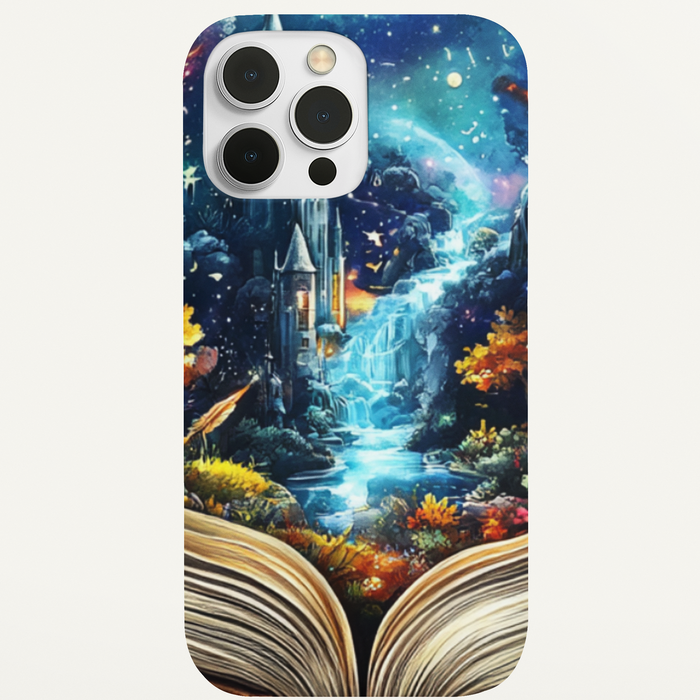Magical phone insert featuring an open book with a glowing castle and waterfall emerging from the pages.