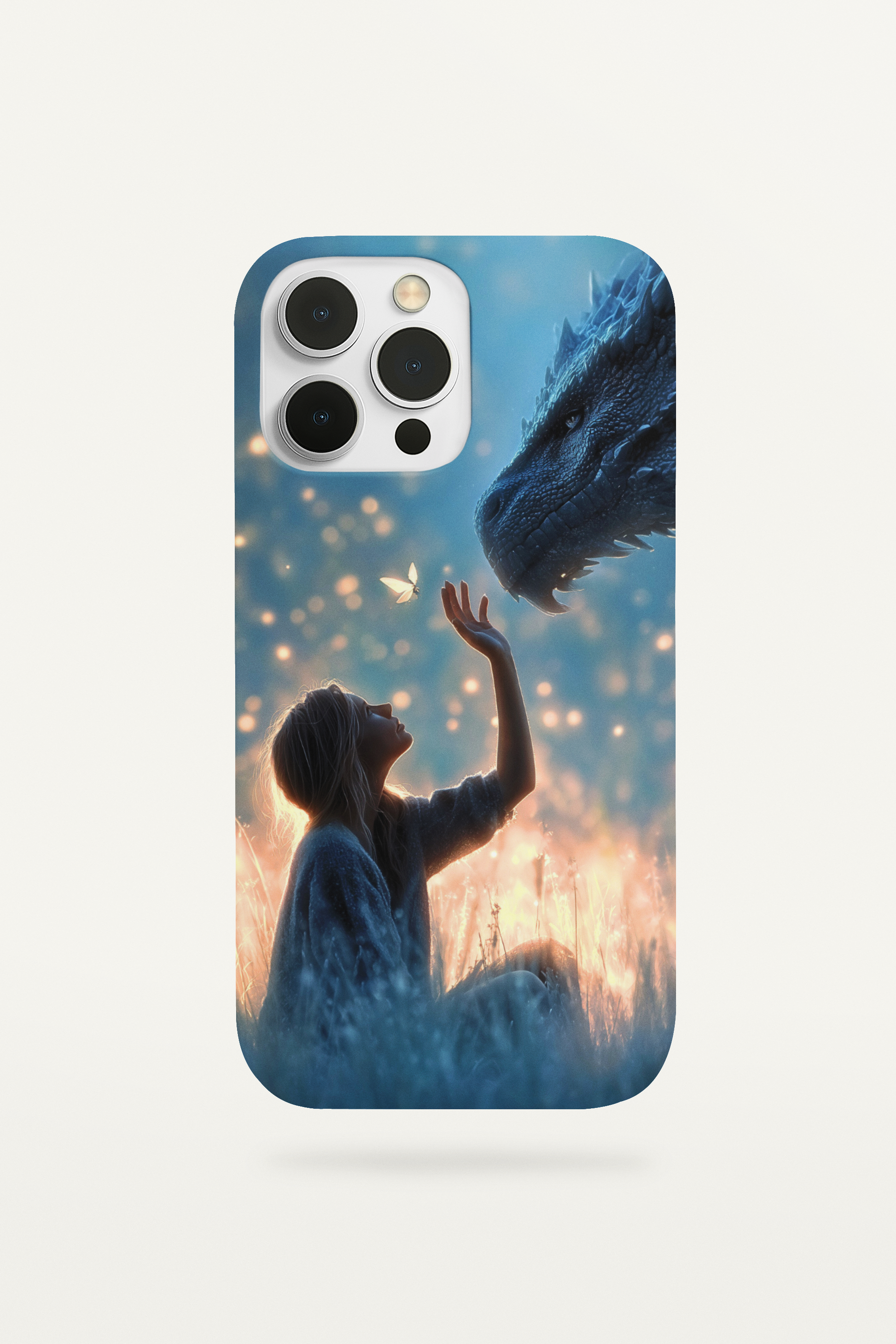 Girl and warm-toned dragon companion phone insert for clear iPhone cases - golden fantasy aesthetic

