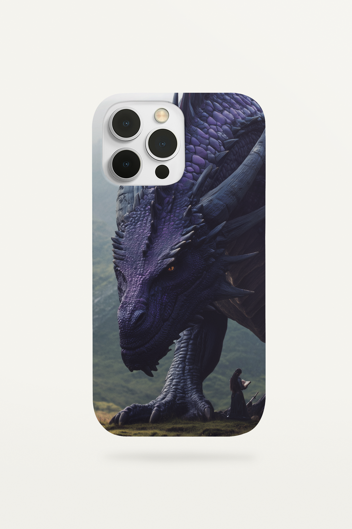 A phone case insert featuring a massive purple dragon with shimmering scales looking down at a small figure of a scholar reading a book in a mountain valley.