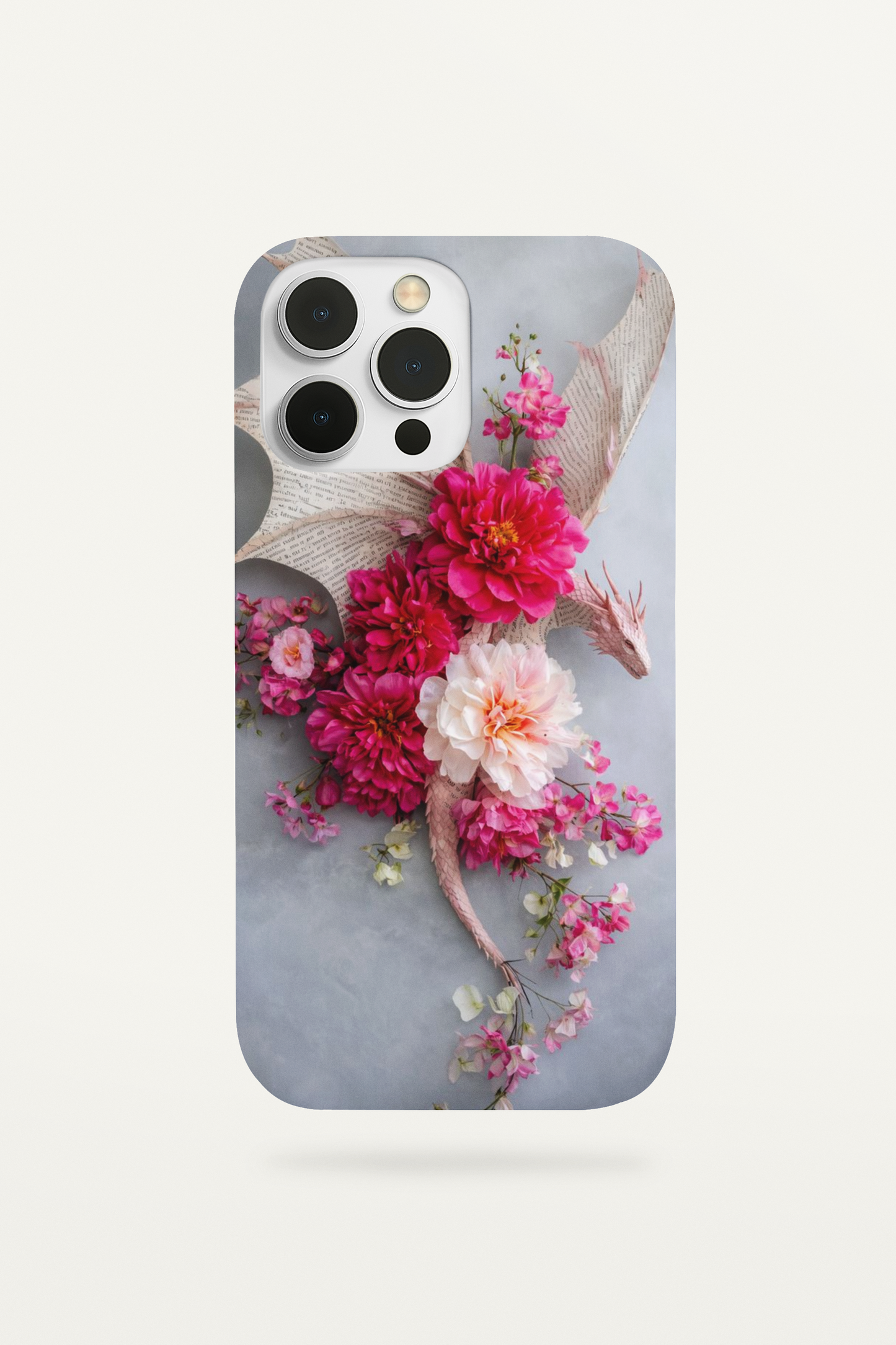 Close-up of dragon wrapped in florals phone insert design - soft strength romantic art
