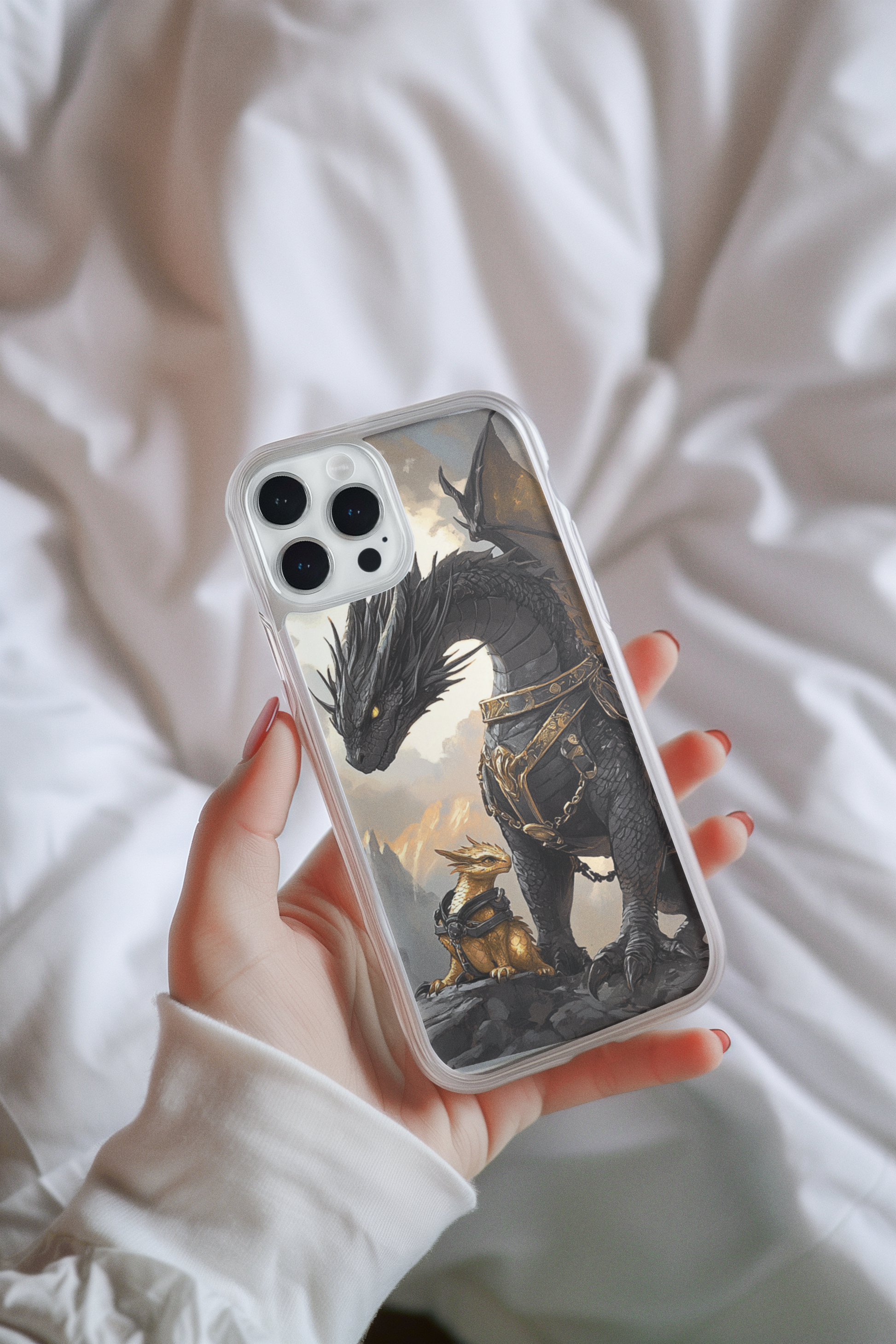 Parent dragon guarding baby phone insert detail - soft strength family magic design
